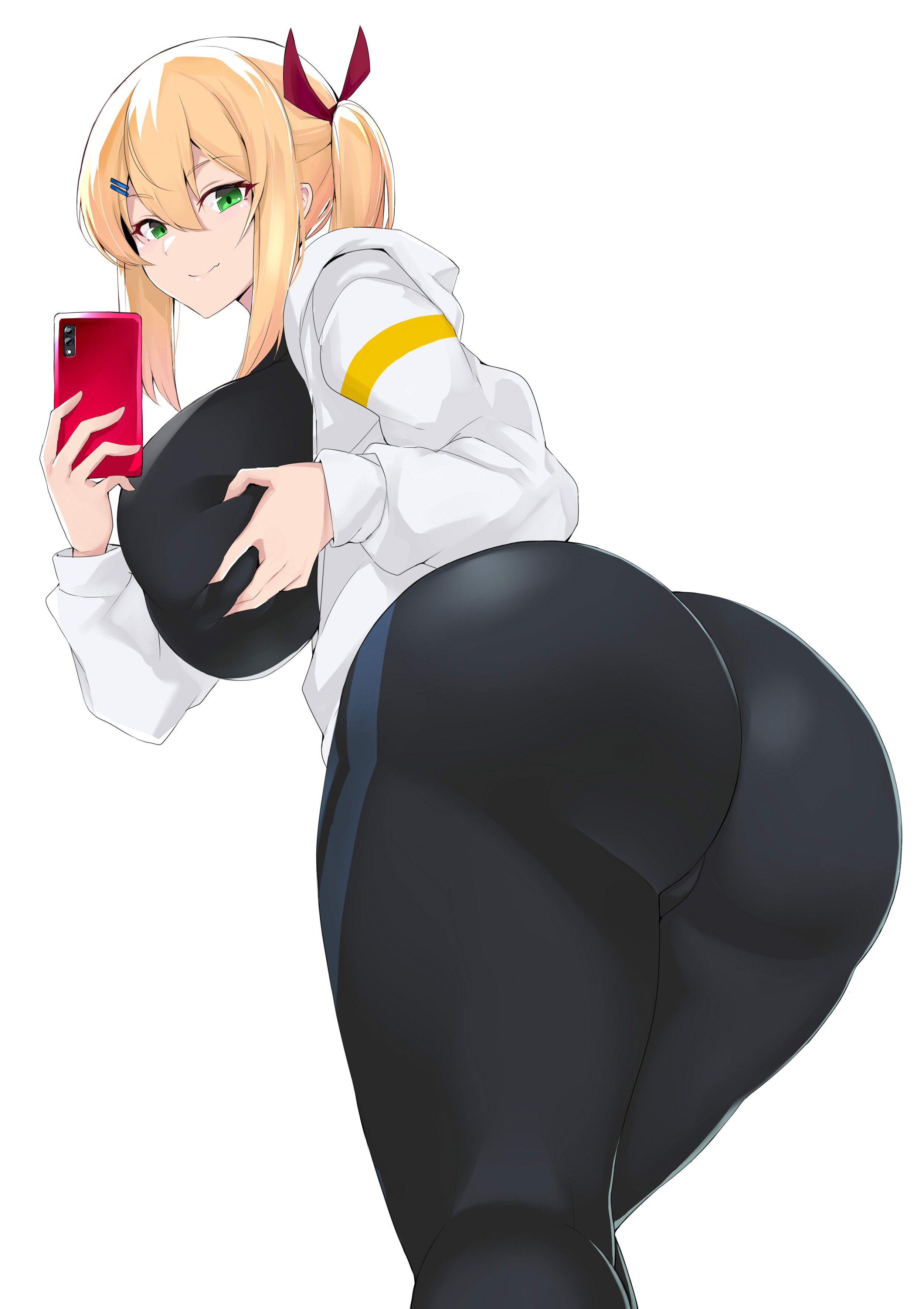 absurdres, ass, black pants, blonde hair, breasts, cellphone, closed mouth, female, grabbing, grabbing own breast, green eyes, highres, large breasts, long sleeves, looking at viewer, maruyaa (malya1006), medium hair, original, pants, phone, ponytail, selfie, shirt, sidelocks, simple background, smartphone, smile, solo, sportswear, white background, white shirt
