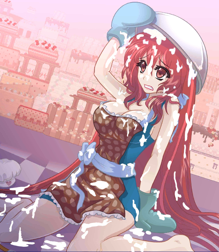 accident accidental apron bonnibel_(crush_crush) chef_hat clumsy female female_only hat mittens nervous_face on_floor oven_mitts red_eyes red_hair red_lipstick spotted_clothing