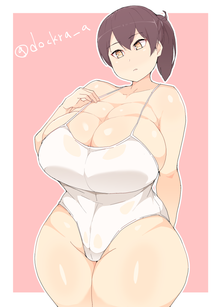 artist_name bangs breasts brown_eyes brown_hair cleavage collarbone dockra_a eyebrows_visible_through_hair female frown hair_between_eyes huge_breasts impossible_clothes kaga_(kantai_collection) kantai_collection long_hair looking_down mature_female milf one-piece_swimsuit plump side_ponytail swimsuit thick_thighs thighs