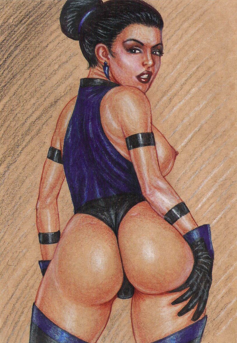 1girls 2d ass big_ass black_hair breasts cowboy_shot edithemad erect_nipples hair_bun kitana klassic_kitana looking_at_viewer looking_back mortal_kombat mortal_kombat_3 pinup seductive seductive_smile sideboob solo thick_thighs traditional_media_(artwork)