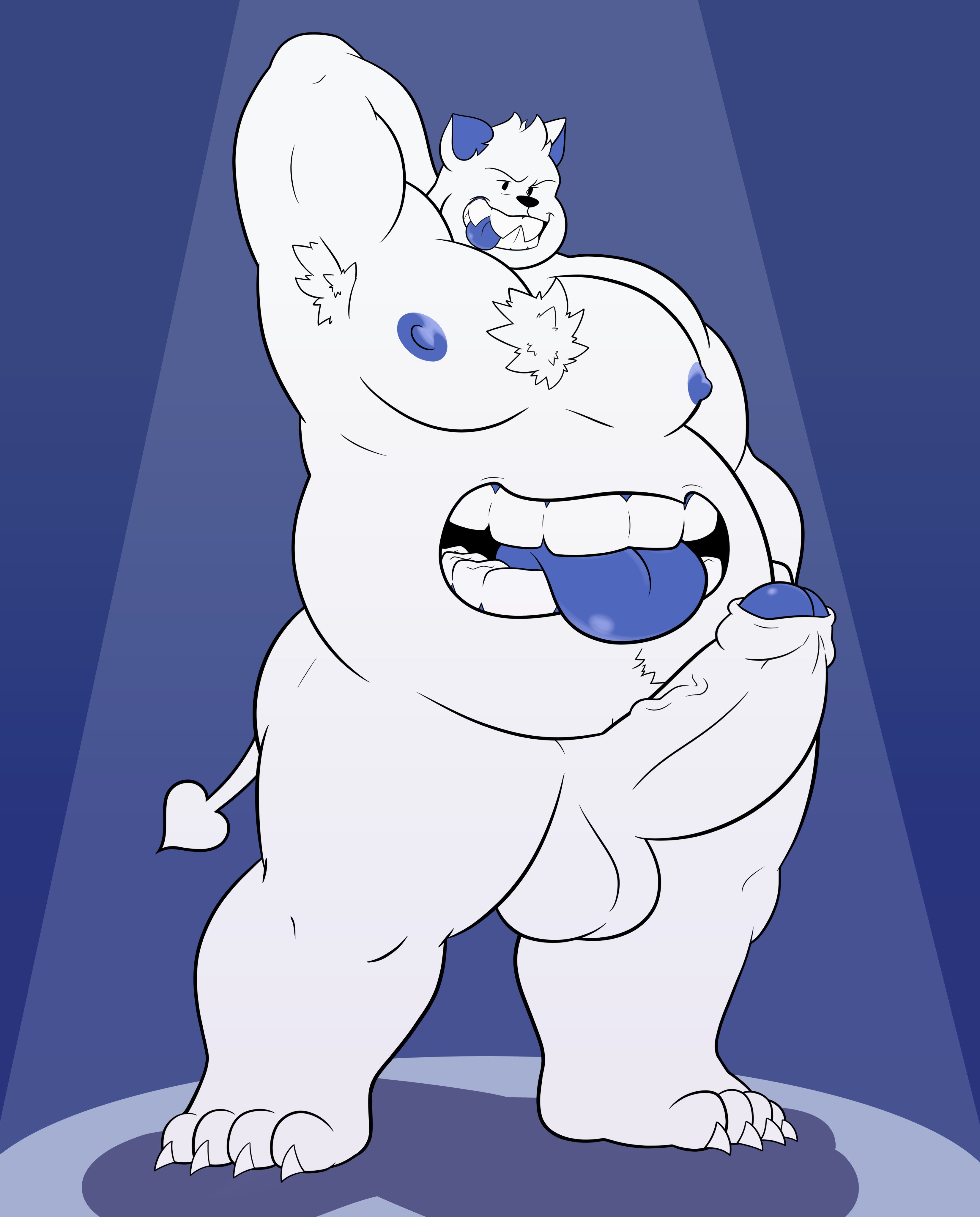 anthro, arm up, balls, bara, big balls, big penis, boner, darkner, deltarune, erection, furry, gay, hand behind head, hand on hip, king spade, male, male only, monster, musclegut, muscles, penis, redeyedgazer, solo, solo male, stomach mouth, tongue, tongue out, white body, yaoi