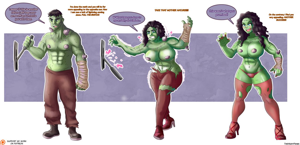 ass_expansion black_hair blue_eyes blush breast_expansion breasts frankenstein's_monster gender_transformation green_skin hair_growth halloween hi_res large_ass large_breasts long_hair monster_girl mtf_transformation muscular_female rule_63 sequence stitches text themightfenek thick_thighs thigh_expansion transformation transformation_sequence wide_hips