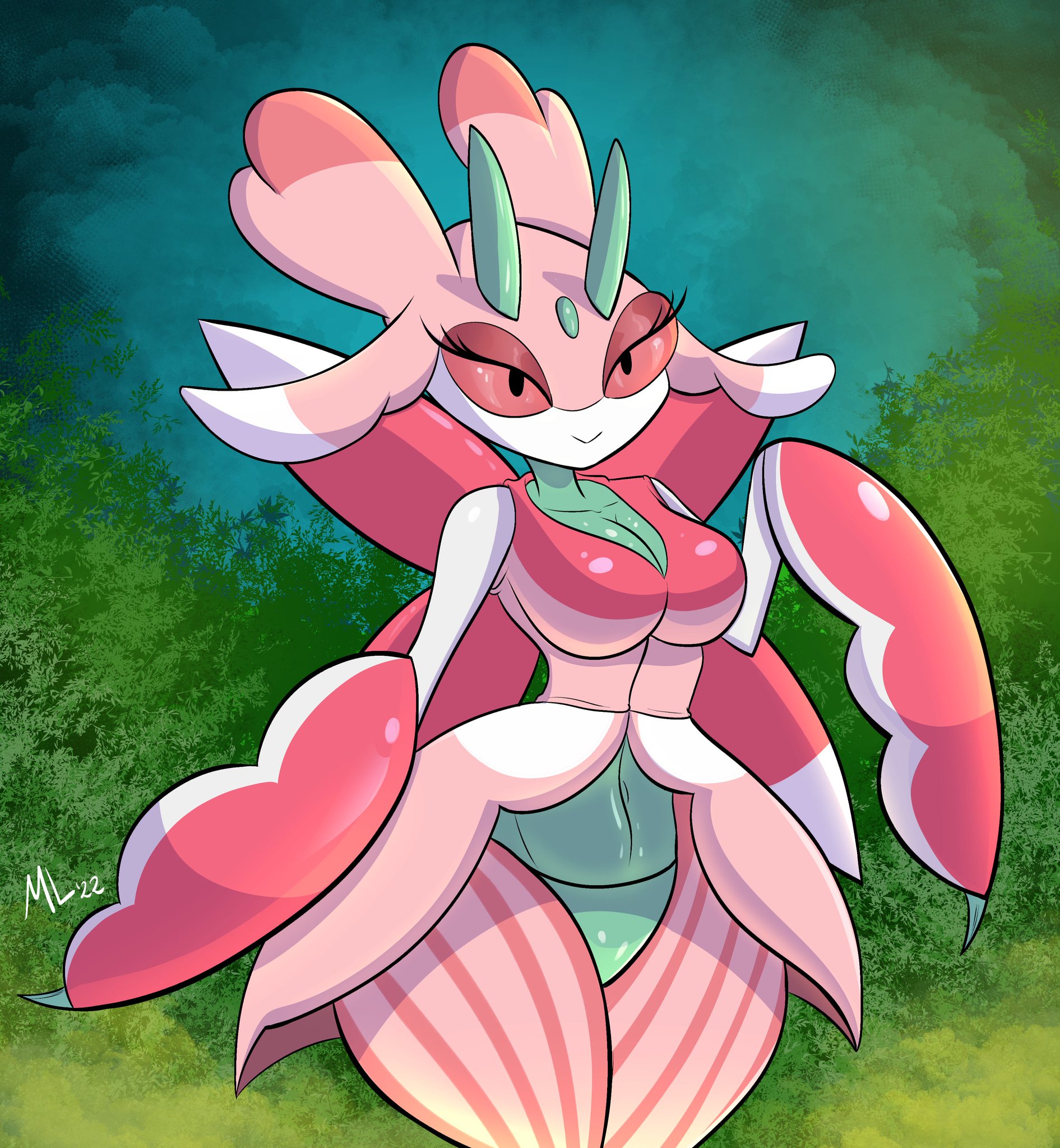 1girls, ameizing lewds, anthro, anthrofied, arthropod, arthropod humanoid, bug, bug girl, cleavage, female, forest, green background, green skin, humanoid, insect girl, insect humanoid, insect wings, insects, lurantis, pink eyes, pink skin, plant girl, pokemon, pokemon sm, solo female, thick thighs, thighs