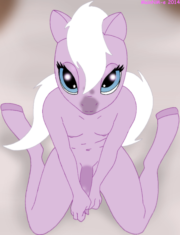 2014 anthro anthrofied artist_name blue_eyes dated equid equine fur genitals girly hasbro horse littlest_pet_shop looking_at_viewer looking_up looking_up_at_viewer mainnm-e male mammal mane navel nipples nude penis purple_body purple_fur solo unguligrade_anthro white_mane white_tail