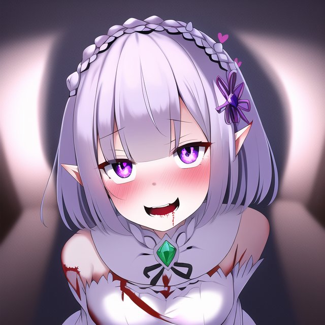 ai generated, blood, blood in mouth, blush, elf, elf ears, emilia (re:zero), female, looking at viewer, looking up, nai diffusion, pointy ears, purple eyes, re:zero kara hajimeru isekai seikatsu, short hair, silver hair, smile, stable diffusion, yandere