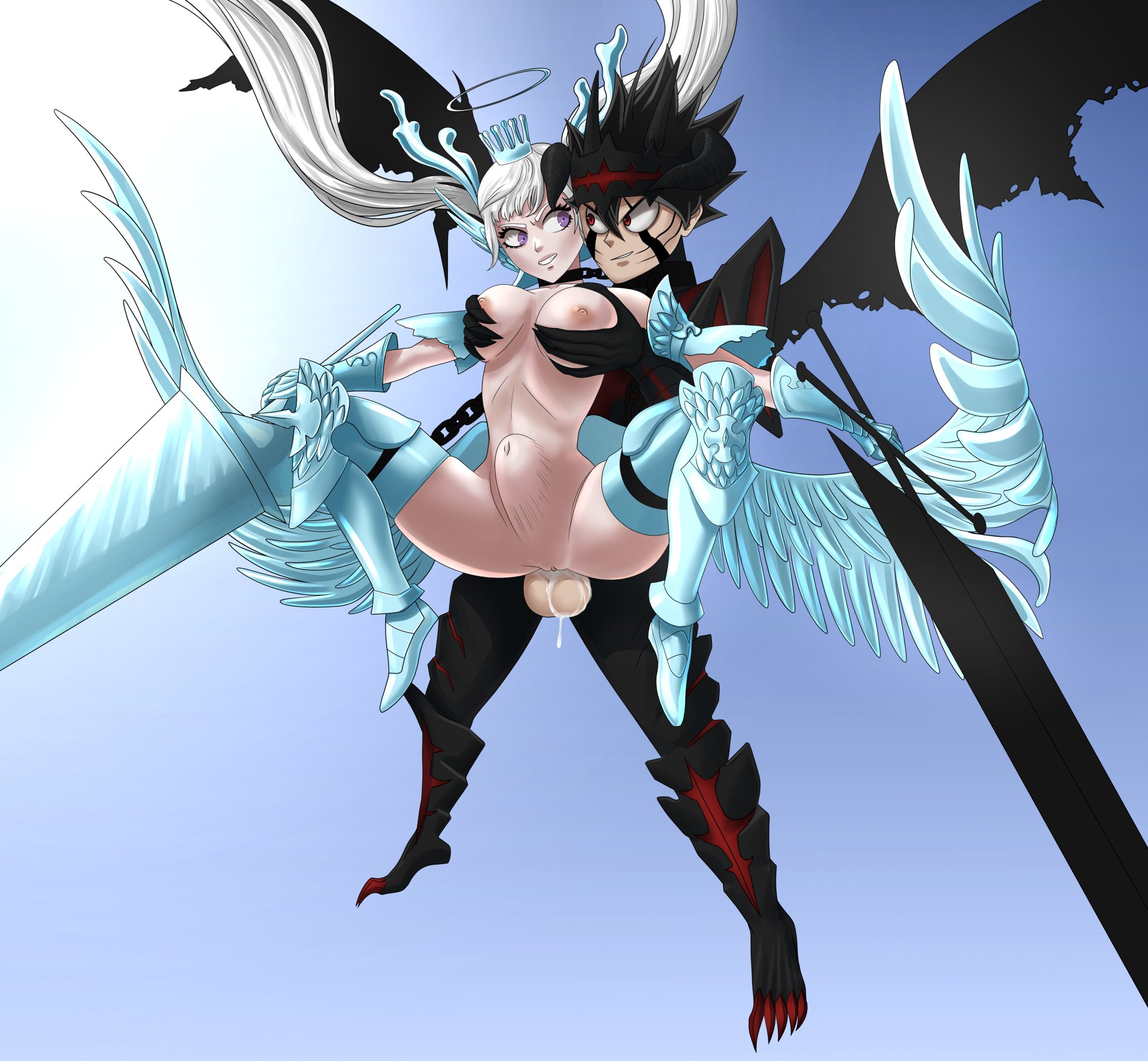 1boy, 1girls, angel, angel wings, asta (black clover), black clover, breast grab, breasts, cum, cum in pussy, cum inside, devil, devil horns, female, half naked, male, noelle silva, penetration, penis, penis in pussy, pussy, sex from behind, twintails