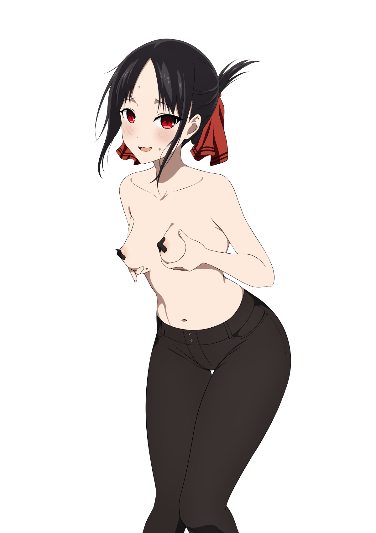 1girls, areola slip, black hair, black jeans, breast grab, breasts, coro fae, covered nipples, female, female focus, female only, jeans, kaguya-sama wa kokurasetai ~tensai-tachi no renai zunousen~, light skin, pants, pasties, red eyes, shinomiya kaguya, small breasts, solo, standing, thighs, topless, topless female, topless jeans