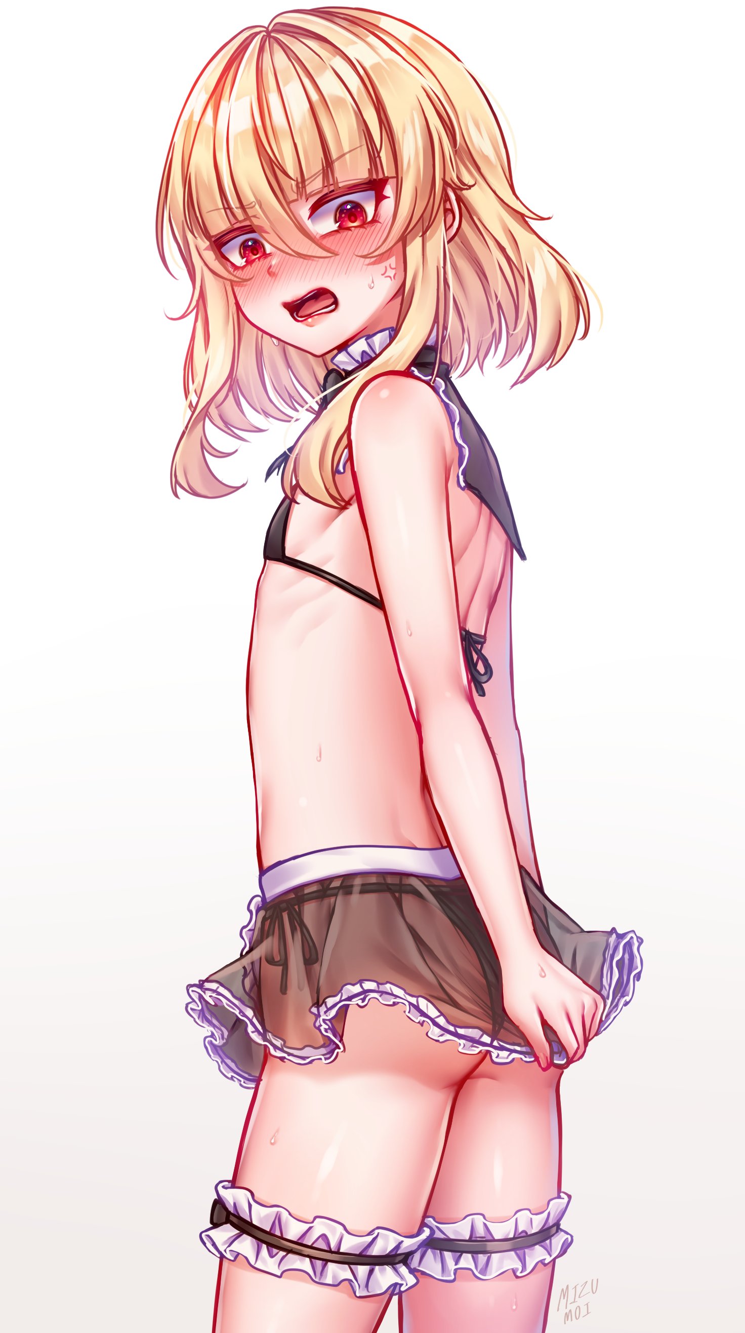 1boy, arena of valor, ass, blonde hair, female, femboy, from behind, girly, iggy (arena of valor), male, male only, mizumizzumiz, open mouth, otoko no ko, otokonoko, red eyes, skirt, solo, tomgirl, trap