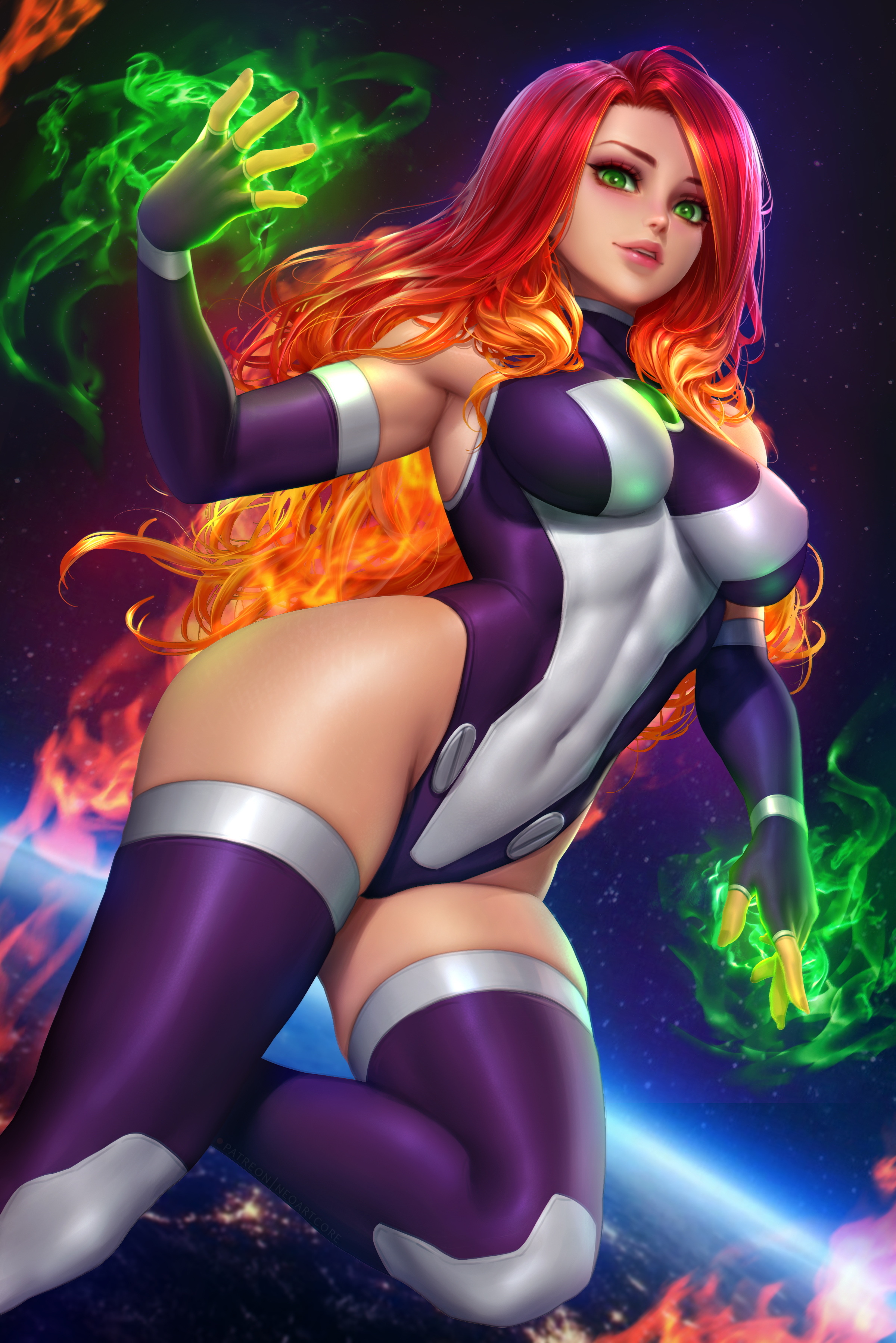 1girls, 2022, 2d, 2d (artwork), boots, breasts, clothed, clothed female, dc, dc comics, elbow gloves, energy, female, female only, flying, fully clothed, gloves, glowing eyes, green eyes, large breasts, leotard, light skin, light-skinned female, long hair, looking at viewer, neoartcore, nudtawut thongmai, planet, purple boots, questionable, red hair, sfw, skin tight, slim waist, solo, solo female, space, starfire, starfire (comics), superheroine, superpowers, teen titans, thick thighs, thigh boots, thighhighs, turtleneck, wide hips
