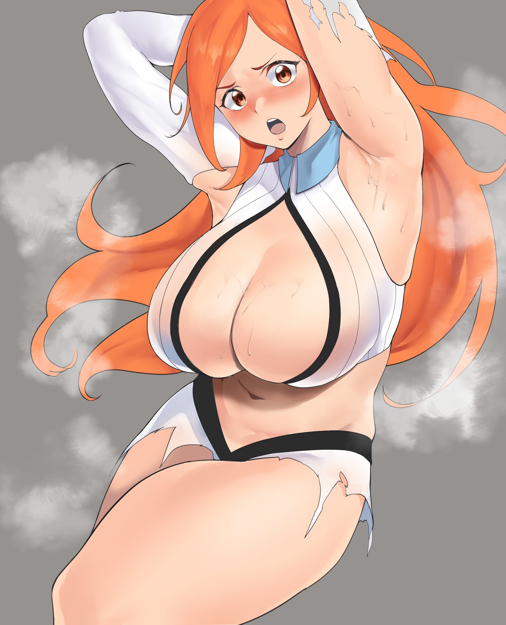 1girls, about to burst, armpits, arms up, barely contained, barely contained breasts, barely fits, bleach, bleach: the thousand-year blood war, blush, breasts, breasts too big, bursting breasts, cleavage, female, huge breasts, imminent wardrobe malfunction, inoue orihime, light skin, light-skinned female, long hair, orange hair, solo, steam, steaming body, straining clothing, sweat, sweaty body, tight clothes, tight clothing, tight fit, too tight, torn clothes, undersized clothes, undersized clothing, yotahen