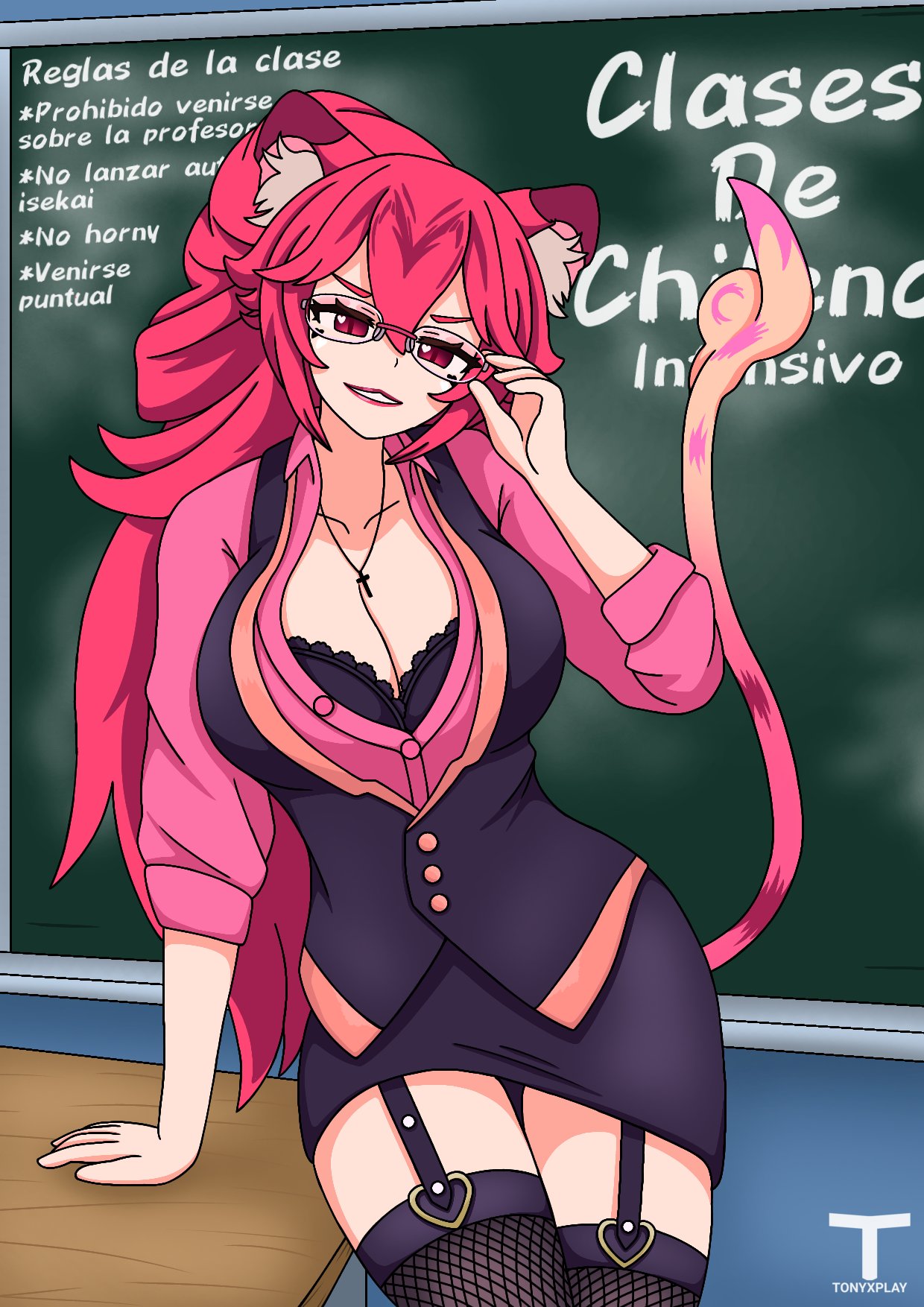 1girls big_breasts cat_ears chilean chimera clothed_female fishnet_stockings glasses hips hot_pink_hair indie_virtual_youtuber latam_virtual_youtuber lion_tail looking_at_viewer lunaria_ayaren necklace smile spanish_text teacher teacher_outfit thick_thighs tony_x_play twitch virtual_youtuber vtuber vtuberfanart youtube_hispanic