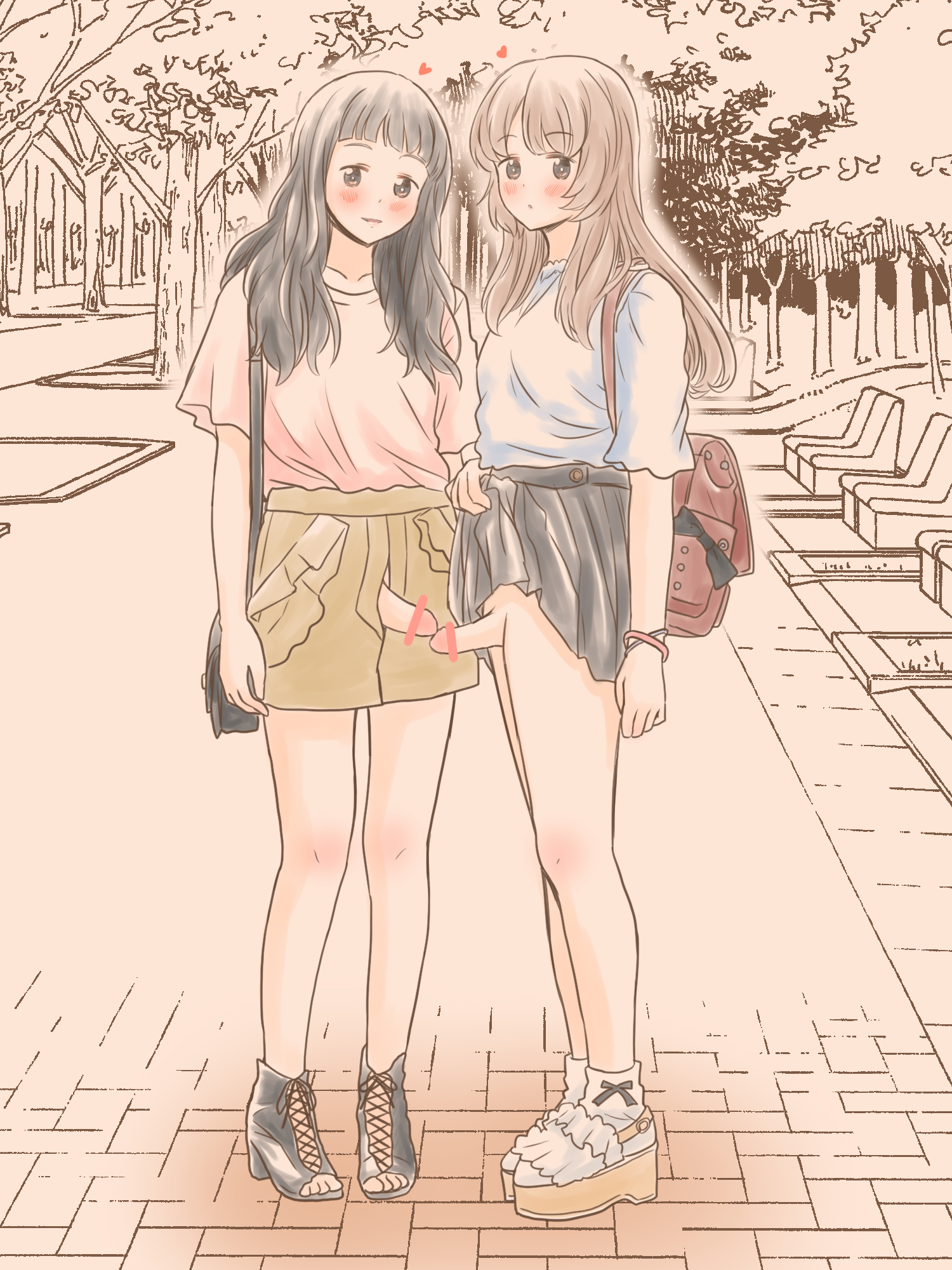 2futas, azumanishiki, bangs, bar censor, black hair, blonde hair, blush, breasts, censored, clothed, clothing, detailed background, duo, erection, exhibitionism, futa only, futanari, human, intersex, light skin, light-skinned futa, long hair, looking at viewer, mostly clothed, outside, penis, public, skirt, skirt lift, small breasts, smile, standing