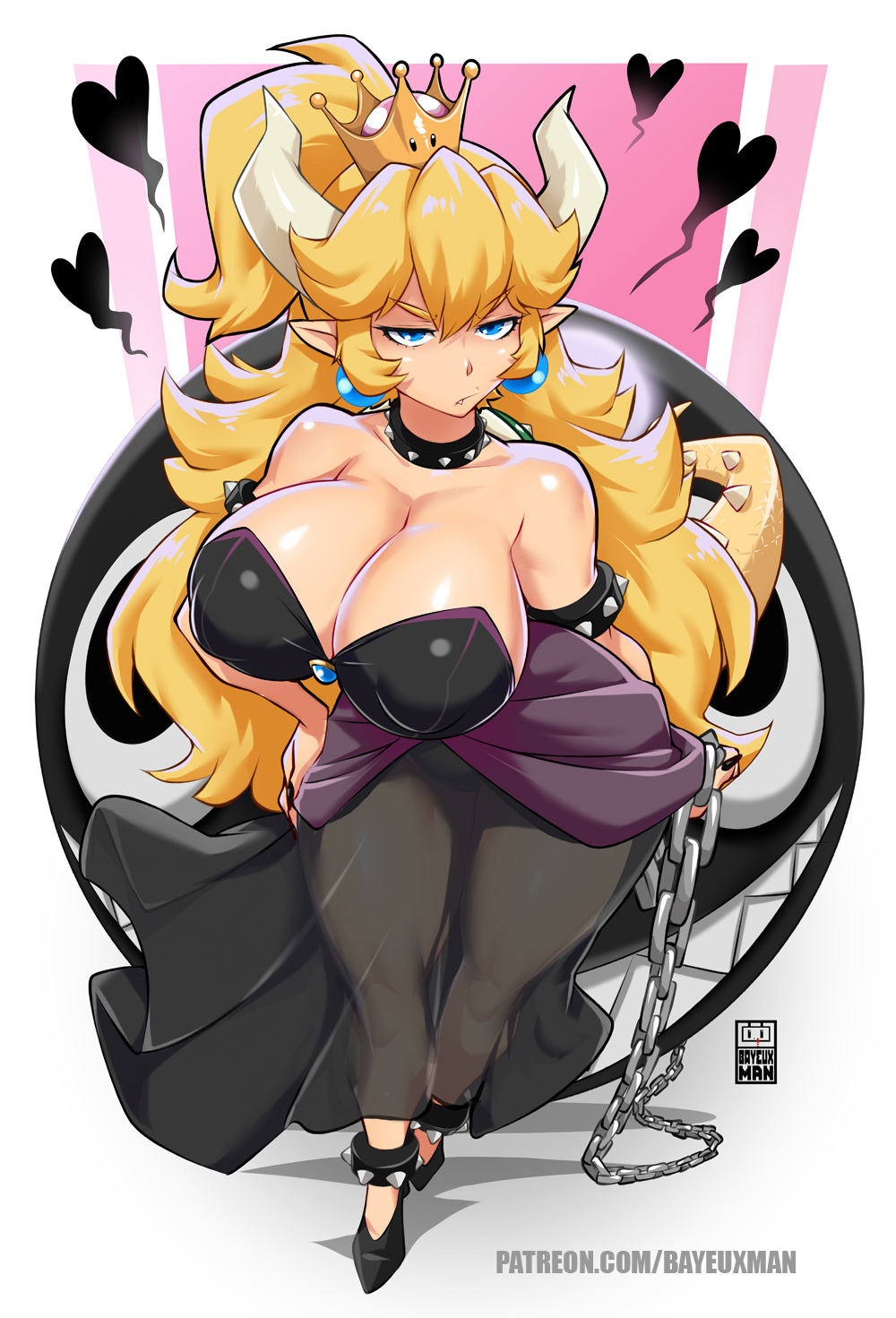 1girls, bayeuxman, big breasts, blonde hair, blue eyes, bowsette, breasts, chain chomp, eye contact, female, female focus, female only, horns, huge breasts, legwear, long hair, looking at viewer, mario (series), new super mario bros. u deluxe, nintendo, solo, super mario bros., tail, thick thighs, thighs