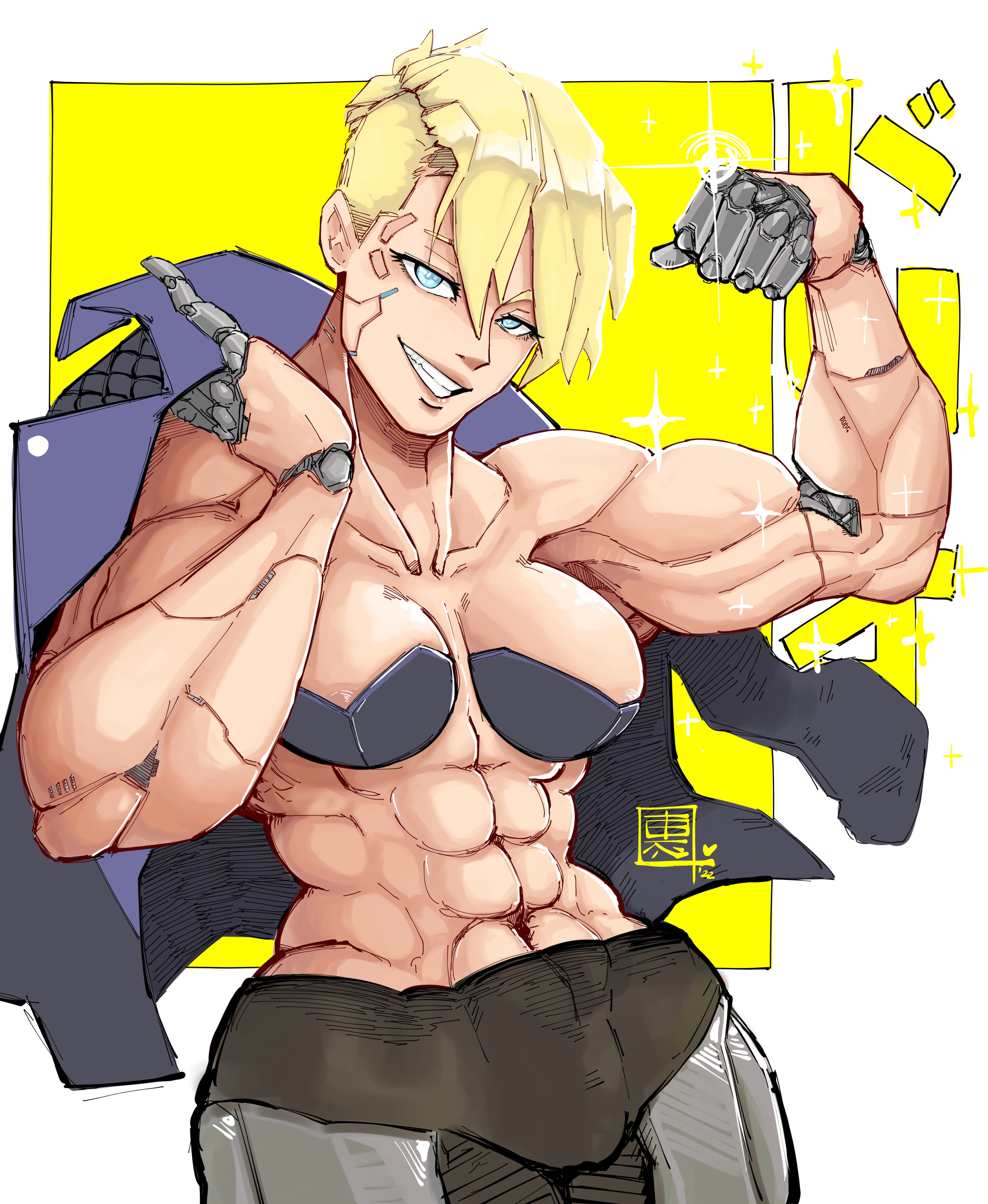 1girls, abs, big biceps, blonde hair, cd projekt red, cyberpunk 2077, cyberpunk: edgerunners, dorio (edgerunners), female, female only, flexing, flexing bicep, light skin, light-skinned female, lynm aru, muscular, muscular female, netflix, short hair, studio trigger, text