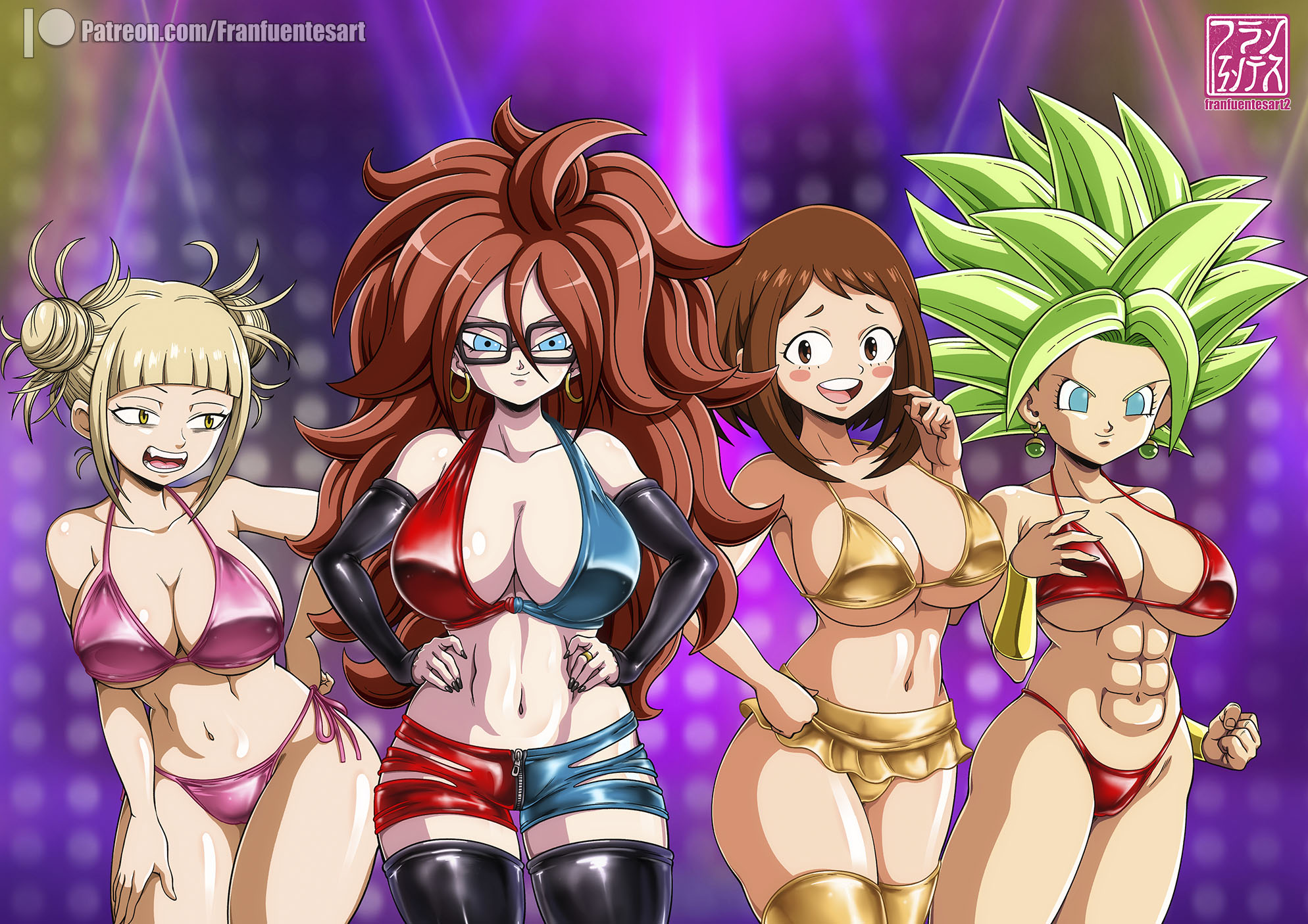 4girls, abs, android 21, arm sleeves, bangs, bikini, black legwear, blonde hair, blonde-haired female, blue eyes, blush, breasts, brown hair, brown-haired female, brunette, cleavage, clothes, club, crossover, double bun, dragon ball, dragon ball fighterz, dragon ball super, dragon ball z, earrings, elbow gloves, female, franfuentesart2, gloves, green hair, highres, himiko toga, kefla, large breasts, legwear, long hair, looking at viewer, mouth open, multiple females, multiple girls, muscular, muscular female, my hero academia, navel piercing, nightclub, ochako uraraka, orange hair, redhead, short hair, shorts, sideboob, sidelocks, skindentation, skirt, smile, spiky hair, swimsuit, thick thighs, thighhighs, thong, toned, toned female, underboob, underwear, watermark, wrist cuffs