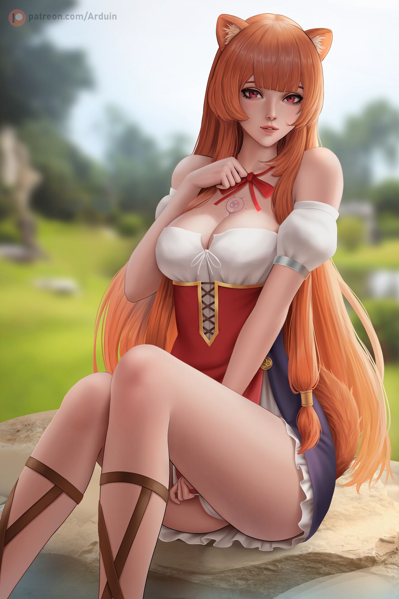 1girls, arduin (arduin art), arduina, bangs, biting, biting lip, blunt bangs, blurry, blurry background, blush, breasts, breasts out, commentary, dress, female, raphtalia, red eyes, ribbon, solo, tate no yuusha no nariagari