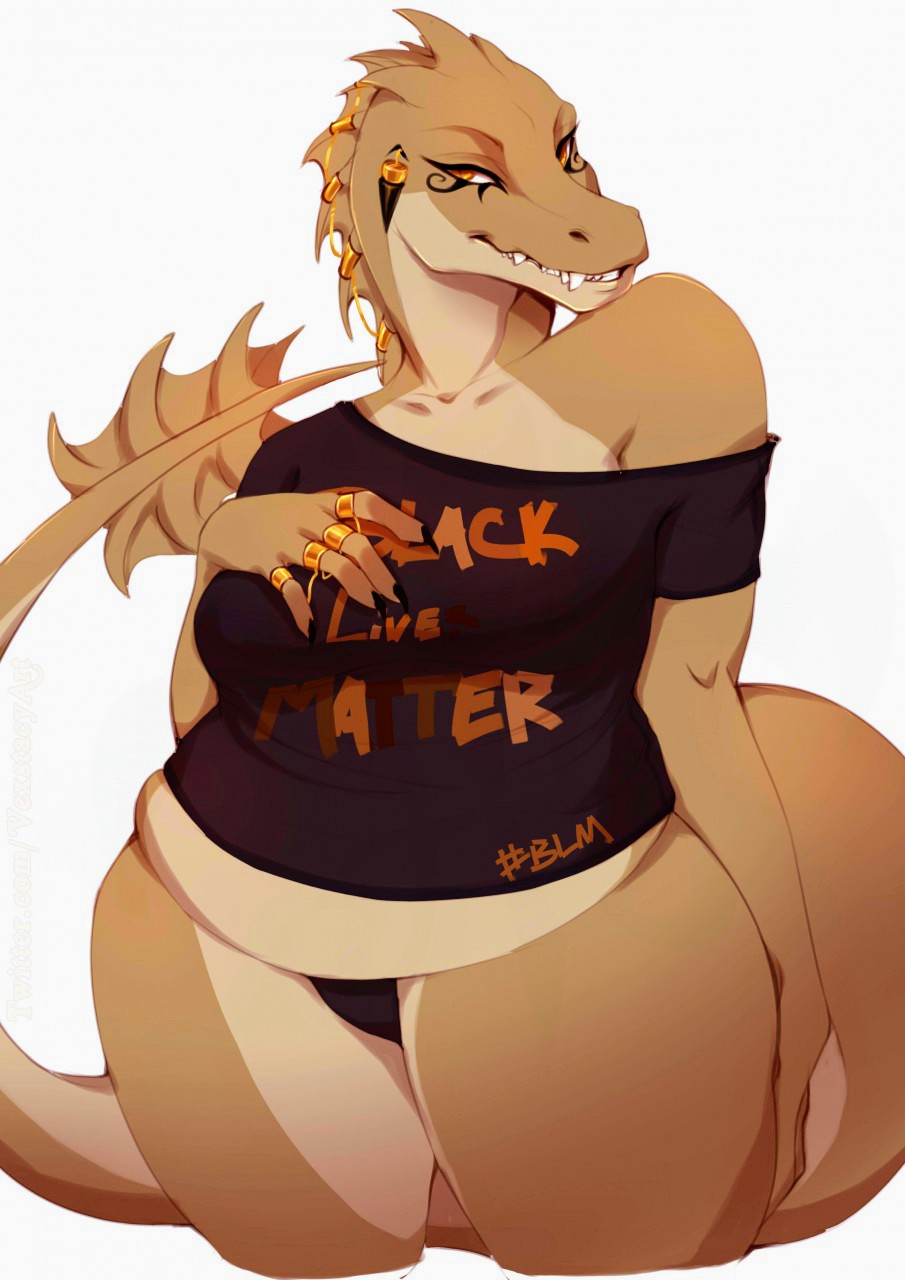 ass aziza_(duovandal) breast dinosaur dinosaur_girl ear_piercing english_text eye_of_horus eyelashes female furry furry_female looking_at_another original original_character panties plump politics ring rings sharp_teeth spinosaur spinosaurid spinosaurus text_on_clothing vexstacy