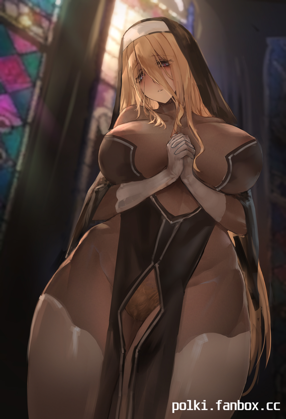 aponia aponia_(honkai_impact) blonde_hair blonde_pubic_hair blue_eyes breasts church clothed_female female gloves highres honkai_impact_3rd indoors large_breasts long_hair looking_at_viewer no_panties nun original own_hands_together paid_reward_available polki pubic_hair pubic_hair_peek see-through solo solo_female stained_glass standing thick_thighs thighhighs thighs very_long_hair white_gloves