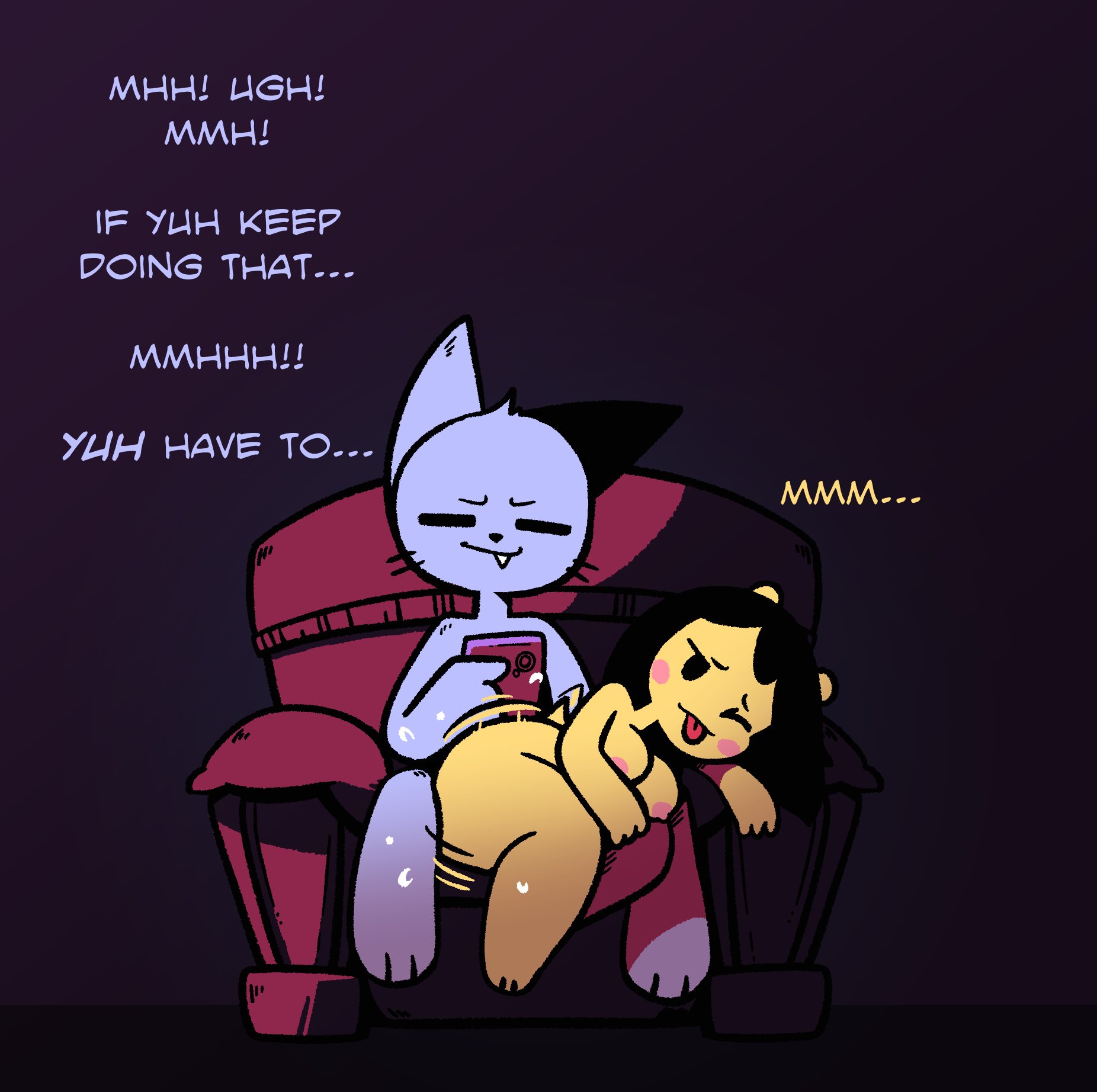1boy, 1girls, 2d, 2d (artwork), ambiguous penetration, anthro, anthro on anthro, areolae, ass, black hair, breasts, cat boy, cat ears, cat tail, catboy, dialogue, english text, feline, female, from behind, fur, furry, furry only, hi res, highres, male, male/female, mob face, nino (yopy), nipples, nude, nude female, nude male, reverse cowgirl position, sex, sex from behind, short hair, sitting, sitting on lap, sitting on person, straight, tagme, text, tongue, tongue out, yellow body, yopy, yuh (yopy)
