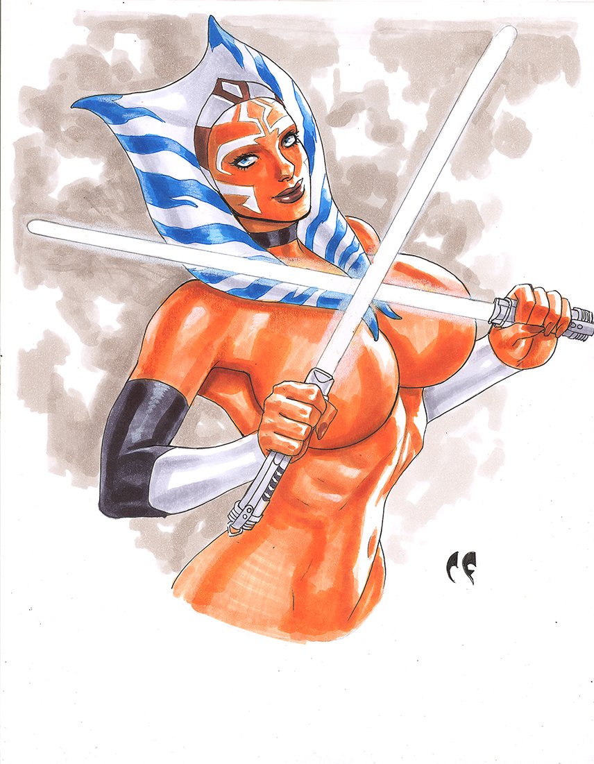 1girls, ahsoka tano, alien, alien girl, athletic, athletic female, big breasts, blue eyes, breasts, chris foulkes, covered nipples, female, female only, large breasts, lekku, lightsaber, navel, nude, nude female, orange skin, solo, standing, star wars, star wars rebels, togruta, white lightsaber