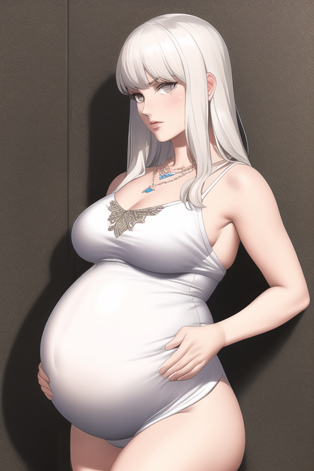 ai generated, big breasts, breasts, cleavage, female, female only, hands on belly, holding belly, jewelry, long hair, looking at viewer, nai diffusion, necklace, one-piece swimsuit, pregnant, solo, stable diffusion, swimsuit, tight clothing, white hair, white swimsuit