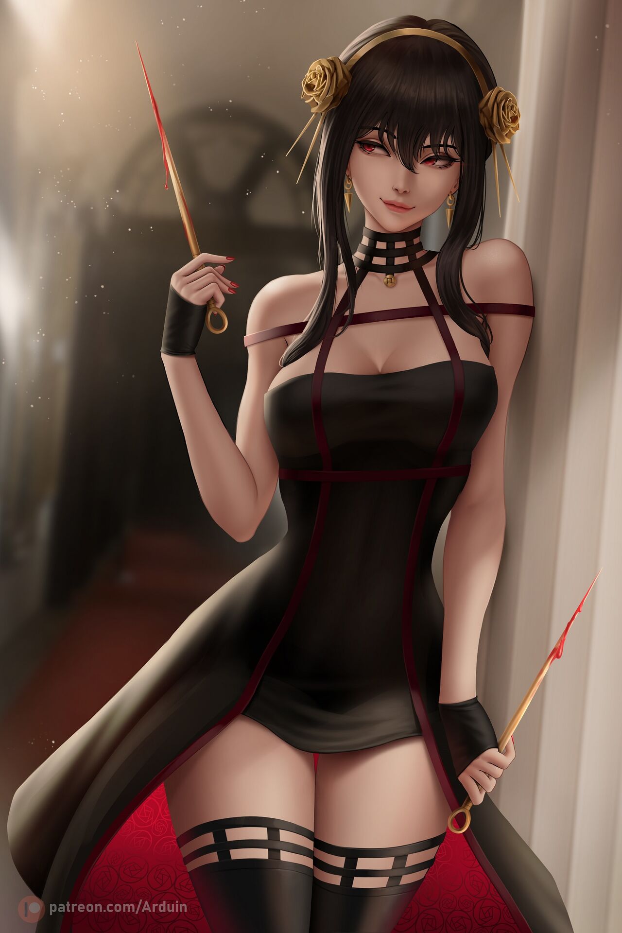 1girls, arduin (arduin art), arduina, assassin, black hair, black legwear, blush, breasts, cup, diadem, drinking glass, earrings, family, female, fringe, glass, hair ornament, highres, jewelry, solo, spy x family, stiletto (weapon), thorn princess, yor briar