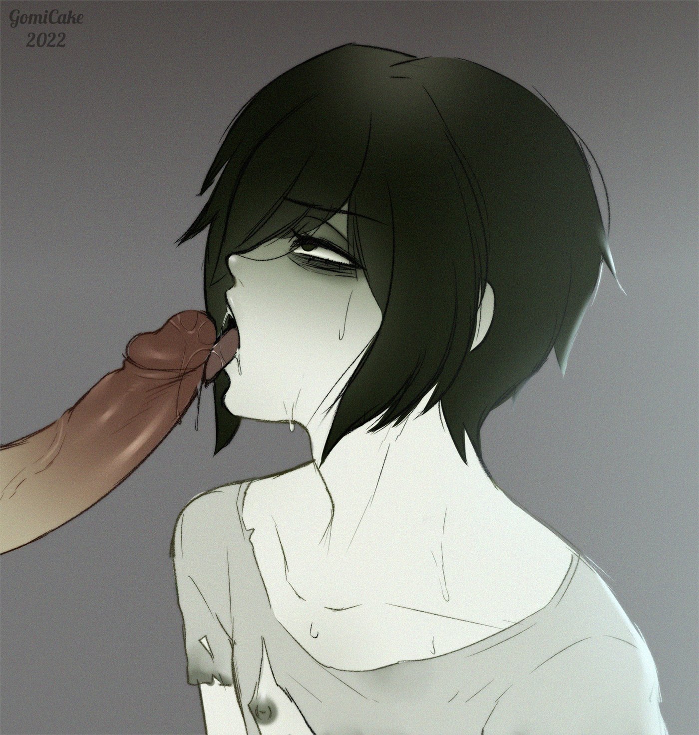 big penis, black hair, gay, genderswap, gomi-cake, licking, licking penis, male, nipples, pale skin, penis, rule 63, saliva, short hair, sweat, sweatdrop, the ring, tired eyes, tongue, torn clothes, yamamura sadako