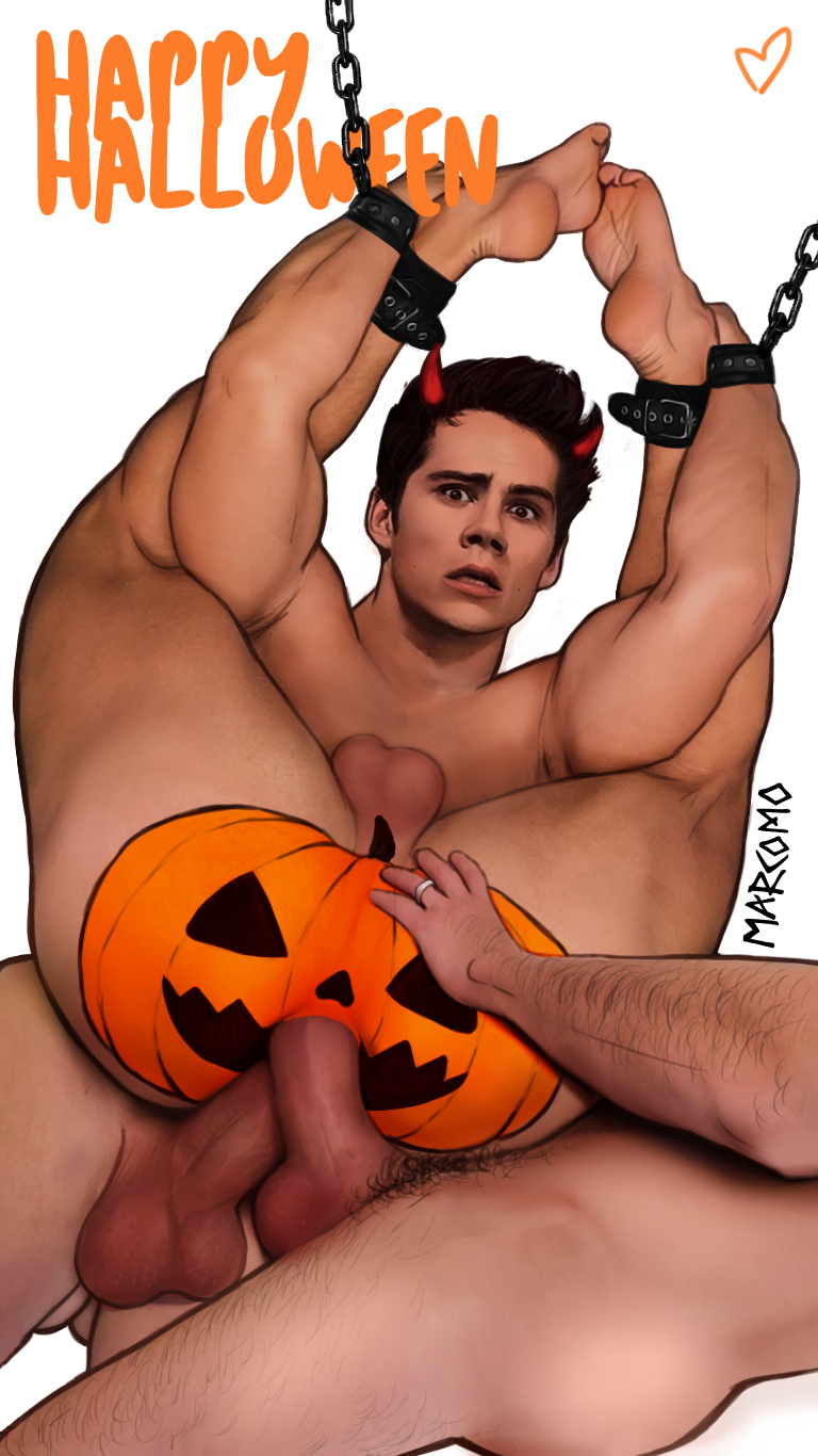 actor anal anal_sex ass bound celebrity chains devil_horns double_penetration dylan_o’brien english_text gay gay_sex halloween looking_at_viewer male male_only marcomo muscles muscular muscular_male penis_in_ass pumpkin pumpkin_butt real_person scared tied_up