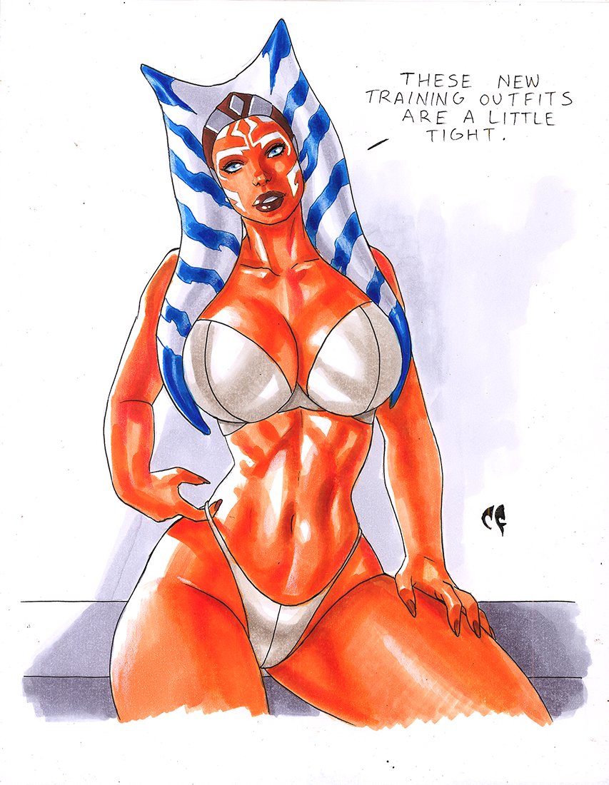 1girls, ahsoka tano, alien, alien girl, athletic, athletic female, big breasts, bikini, blue eyes, breasts, chris foulkes, female, female only, fully clothed, large breasts, lekku, navel, orange skin, panties, revealing clothes, solo, standing, star wars, star wars rebels, swimsuit, text, togruta