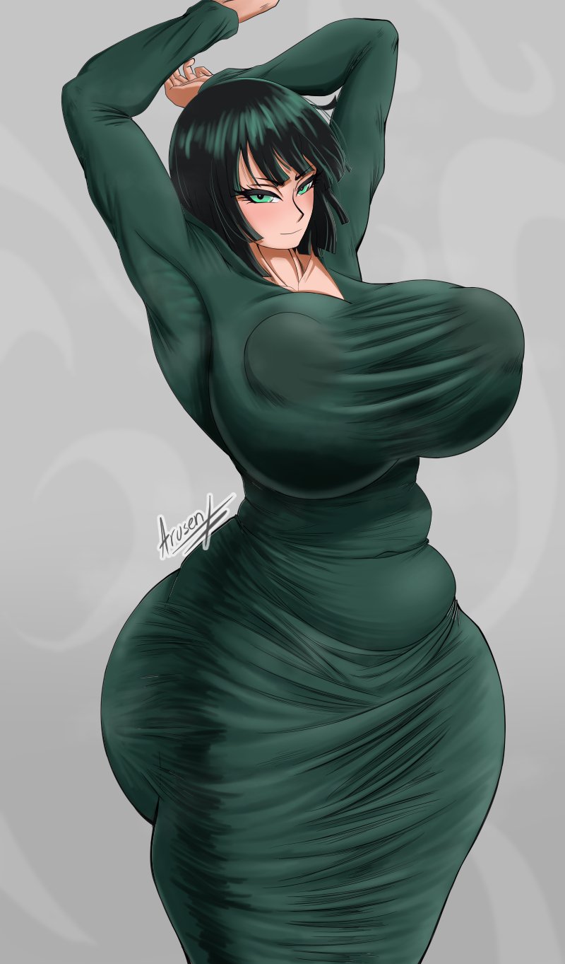 areola, areola bulge, areolae, armpits, arms up, arusen, ass, bangs, belly, big areola, big ass, big breasts, blush, bob cut, breasts, busty, clothed, clothing, curvaceous, curvy, curvy body, curvy female, curvy hips, dark green hair, dress, eye contact, eyelashes, fat ass, female, female focus, female only, fringe, front view, fubuki (one-punch man), green dress, green eyes, green hair, grey background, hips, hourglass figure, huge ass, huge breasts, large areolae, large ass, large breasts, large hips, legs, light, light skin, light-skinned female, long sleeves, looking at viewer, medium hair, midriff, navel, nipple bulge, nipples, one-punch man, plump, plump ass, round ass, see-through, see-through clothing, short hair, skirt, slim, slim waist, smile, smiling, smiling at viewer, smirk, solo, solo female, solo focus, standing, stomach, thick, thick ass, thick legs, thick thighs, thin waist, tight clothing, tight dress, venus body, voluptuous, waist, wide hips