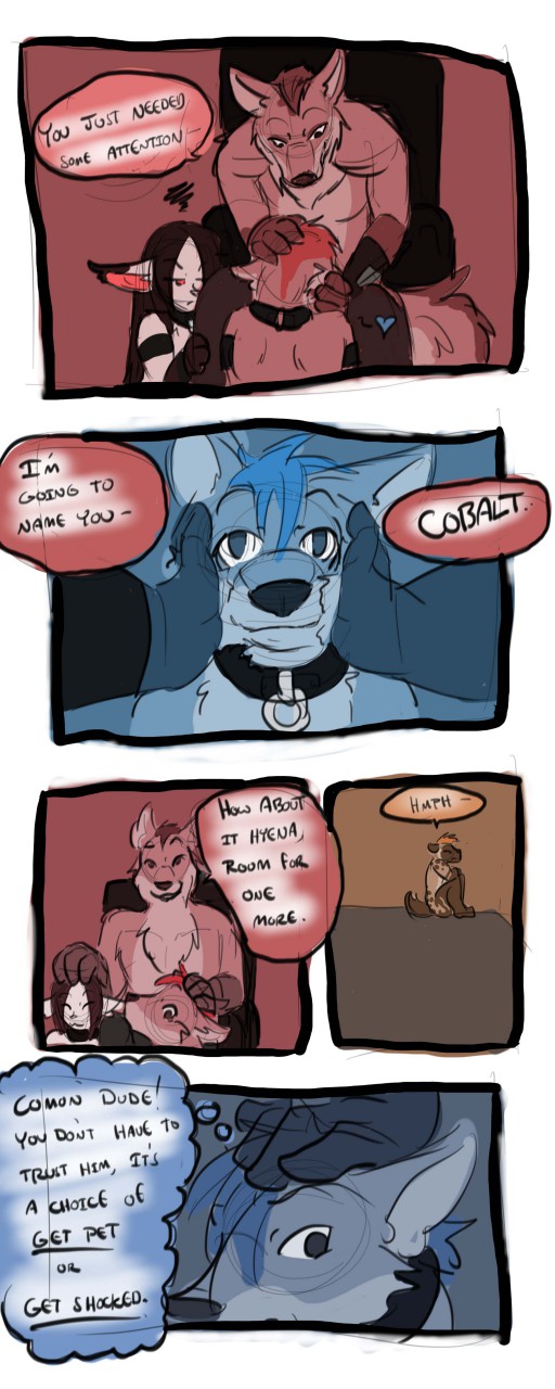 2016 anthro biped canid closed_eyes cobalt_(tatsuchan18) collar comic english_text female fur group hair havoc_(tatsuchan18) hi_res hyaenid male mammal mink_(tatsuchan18) petting sitting speech_bubble tatsuchan18 text thought_bubble