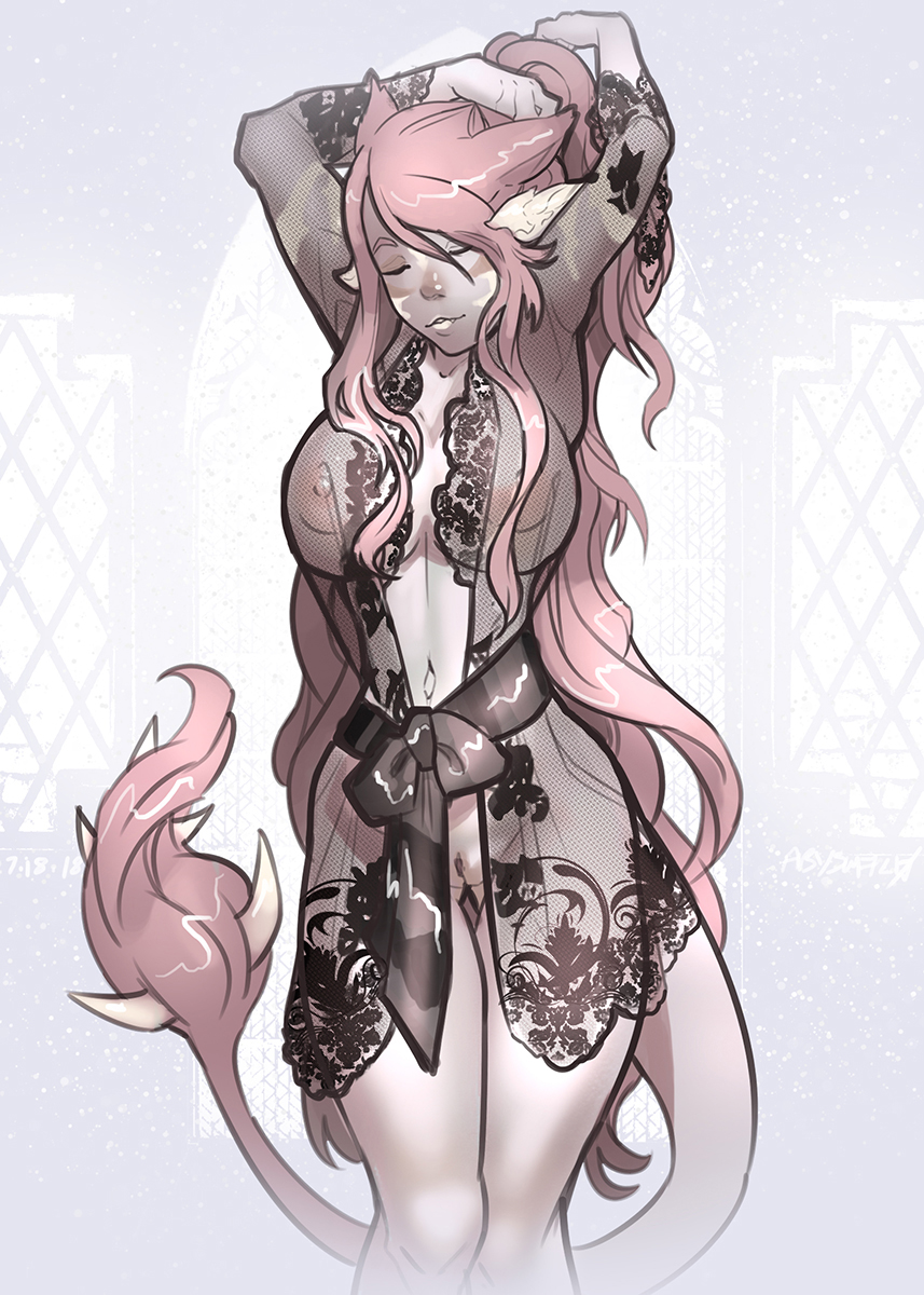 abysmal0 animal_ears au_ra closed_eyes female final_fantasy final_fantasy_xiv fishnet fishnets horns large_breasts long_hair miqo'te pink_hair see-through solo tail