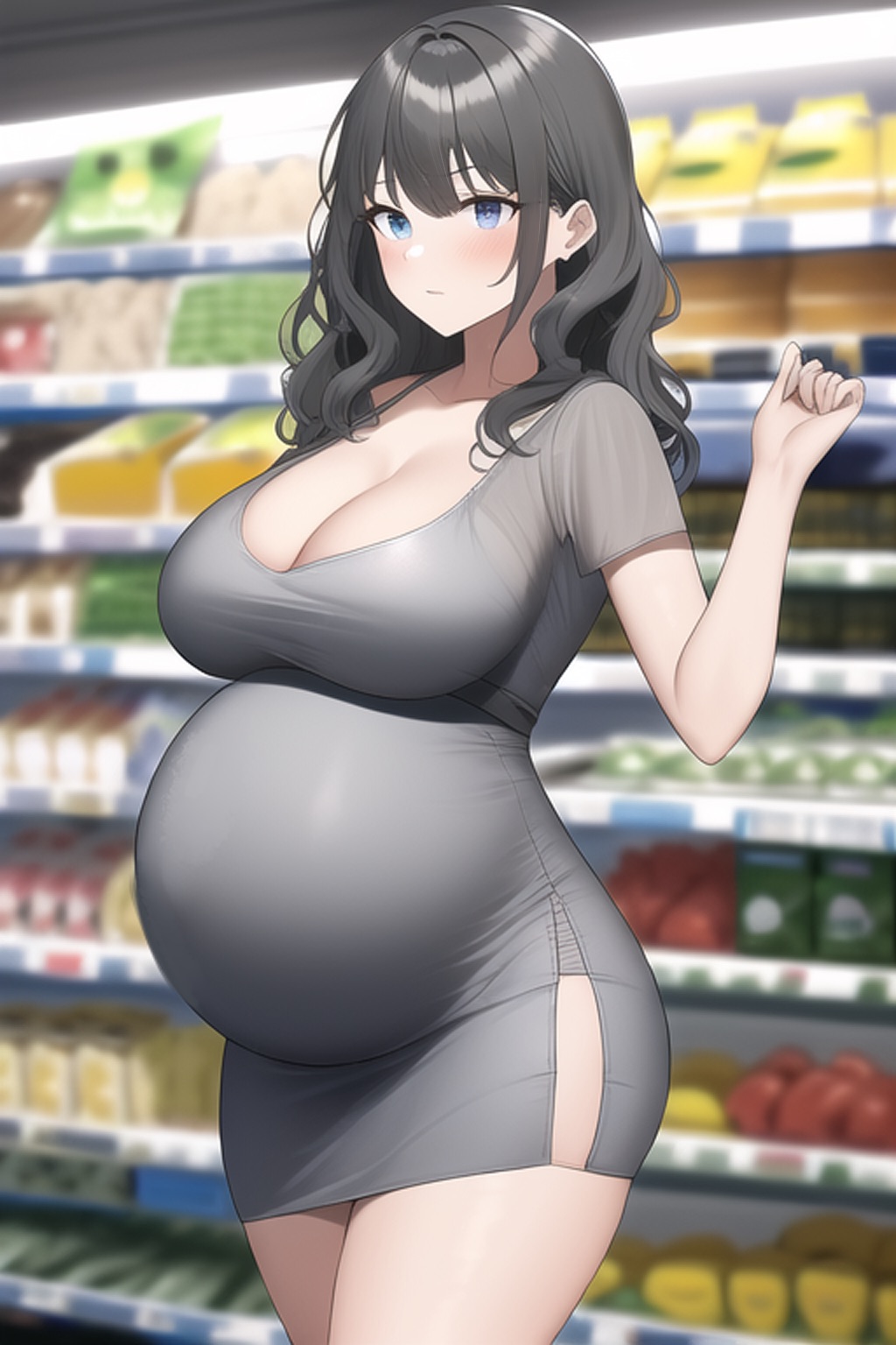 ai generated, big breasts, blue eyes, blush, breasts, cleavage, curly hair, dress, female, female only, grey hair, huge breasts, nai diffusion, original, pregnant, public, short dress, solo, stable diffusion, thick thighs, tight clothing, wavy hair