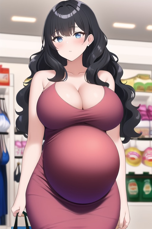 ai generated, big breasts, black hair, blue eyes, blush, breasts, cleavage, curly hair, dress, female, female only, long hair, looking at viewer, nai diffusion, original, pregnant, public, red dress, skin tight, solo, stable diffusion, tight clothing, wavy hair, wide hips