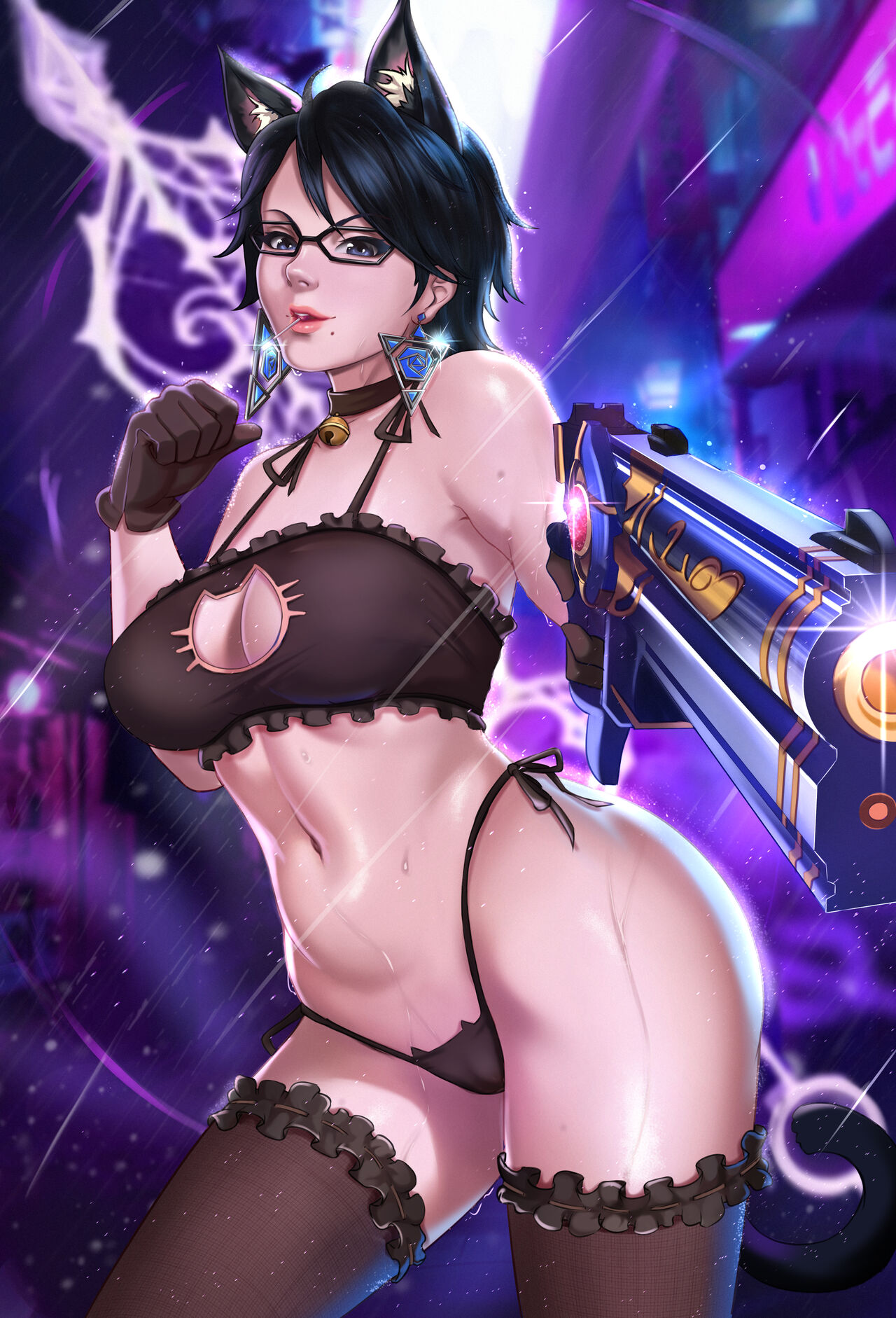 1girls bayonetta bayonetta_(character) bayonetta_2 big_breasts boob_window breasts cat_bra cat_ears cleavage exlic firearm gun handgun large_breasts solo solo_female weapon