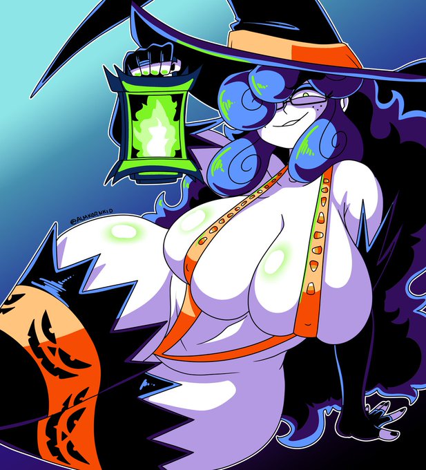 almkornkid, big breasts, blue hair, breasts, candy corn, em (character), female, freckles, glasses, hair covering eye, halloween, lantern, thick thighs, witch, witch hat