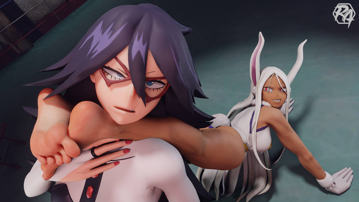 2girls 3d 3d_(artwork) background choking clothing dark-skinned_female deviantart feet feet_up foot_fetish light-skinned_female looking_back midnight_(my_hero_academia) miruko my_hero_academia nemuri_kayama rumi_usagiyama ryona-ashi soles toes watermark