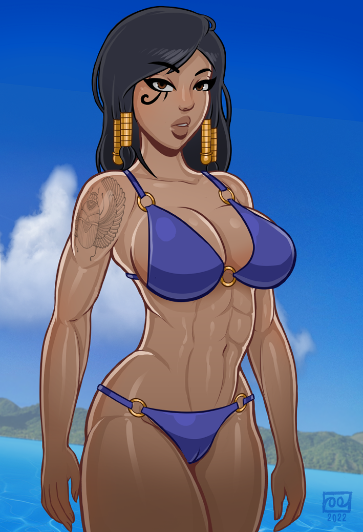 1girls abs bikini black_hair blizzard_entertainment blue_bikini brown_eyes cameltoe dark-skinned_female egyptian fit_female large_breasts long_hair looking_at_viewer middle_eastern middle_eastern_female monolith_soft monolithic-sloth overwatch pharah tattoo thick_lips voluptuous