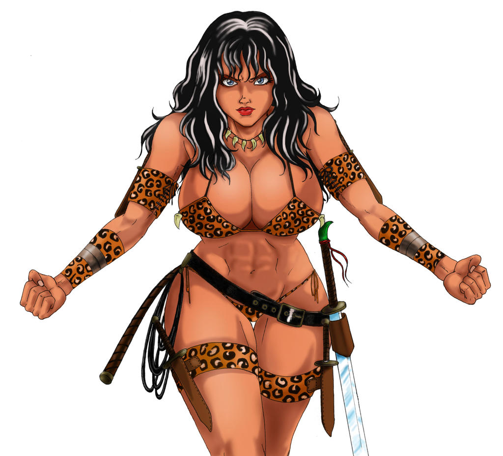 1girls abs amazon bikini black_hair blue_eyes dark-skinned_female fit_female leopard_print leopard_print_bikini long_hair nasbak-cryman original original_character sword whip