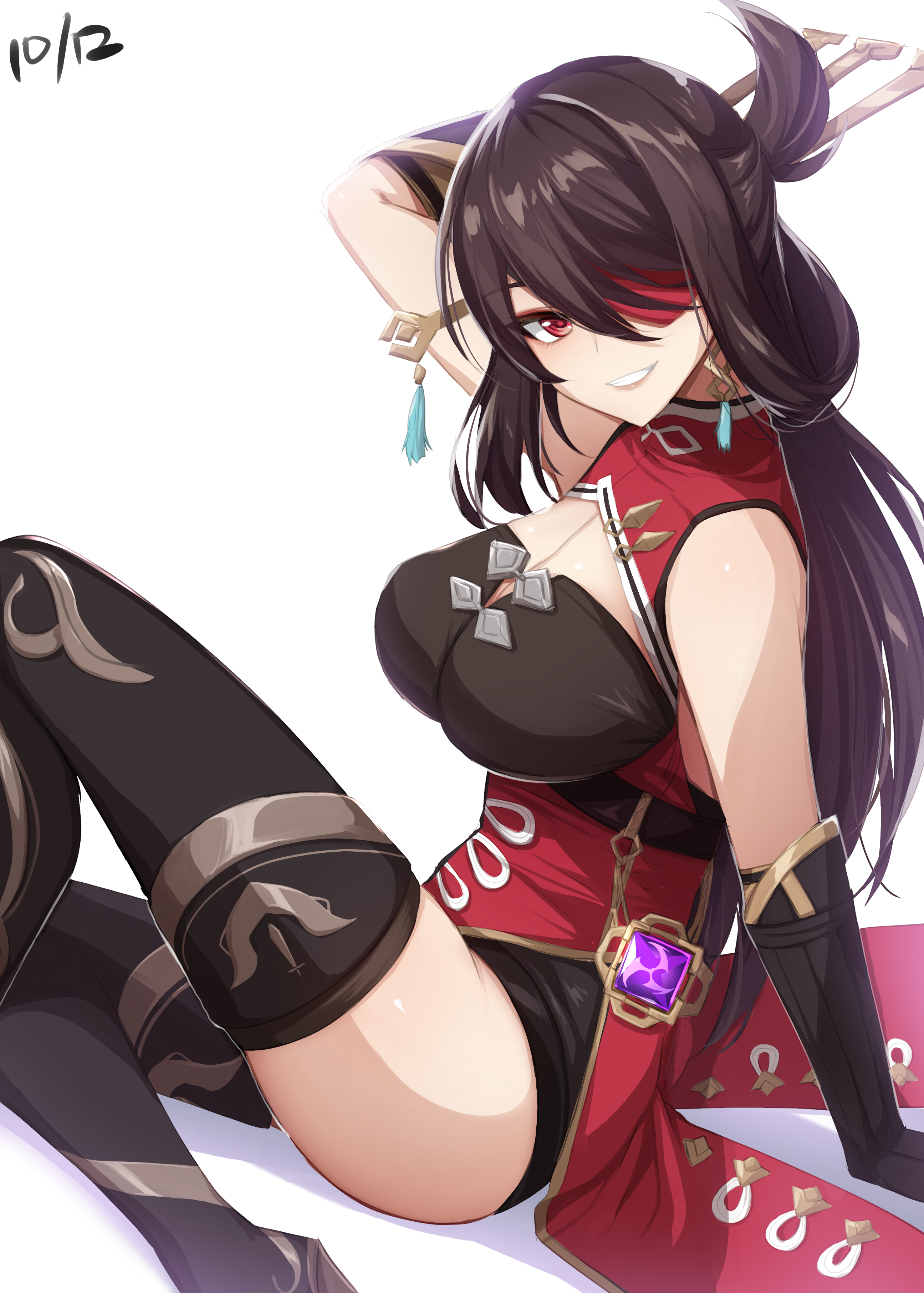 1girls, beidou (genshin impact), breasts, brown hair, clothed, clothed female, eyepatch, female, genshin impact, hair over one eye, hi res, hips, huge breasts, light skin, light-skinned female, long hair, looking at viewer, red eyes, slim waist, smile, thick thighs, thighs, wide hips, yu-ta