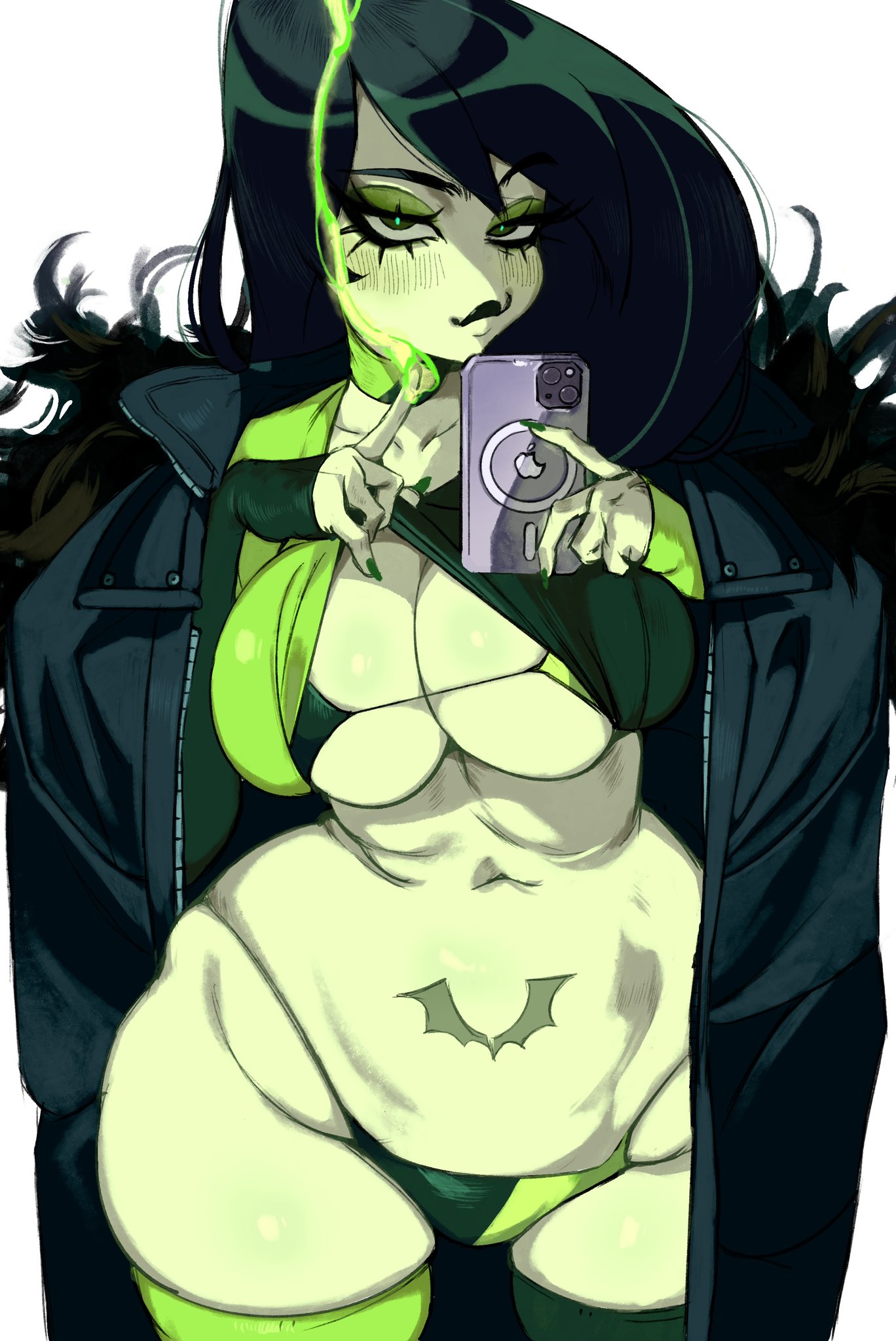 1girls, big breasts, bikini, blush, breasts, cleavage, clothing, disney, disney channel, female, female only, green body, green eyes, green skin, jacket, kim possible, long hair, looking at viewer, navel, panties, partially clothed, phone, selfie, shego, simple background, smile, solo, solo female, standing, thick thighs, thighhighs, ultima thule, voluptuous, white background, wide hips