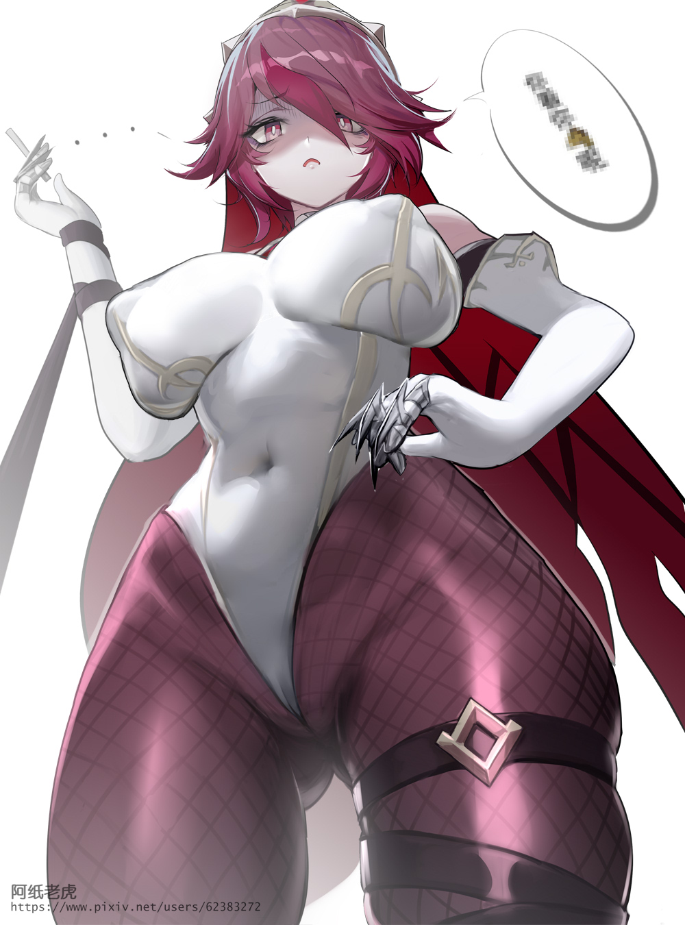 1girls, amyoprsrfevr1qo, big breasts, big thighs, breasts, busty, censored text, chinese text, cigarette, female, female only, fishnet, fishnet legwear, fishnets, genshin impact, huge breasts, huge thighs, human, large breasts, large thighs, legwear, looking at viewer, looking down, navel visible through clothes, nipples visible through clothing, rosaria (genshin impact), smoking, solo, solo female, thick thighs, thighs, white background