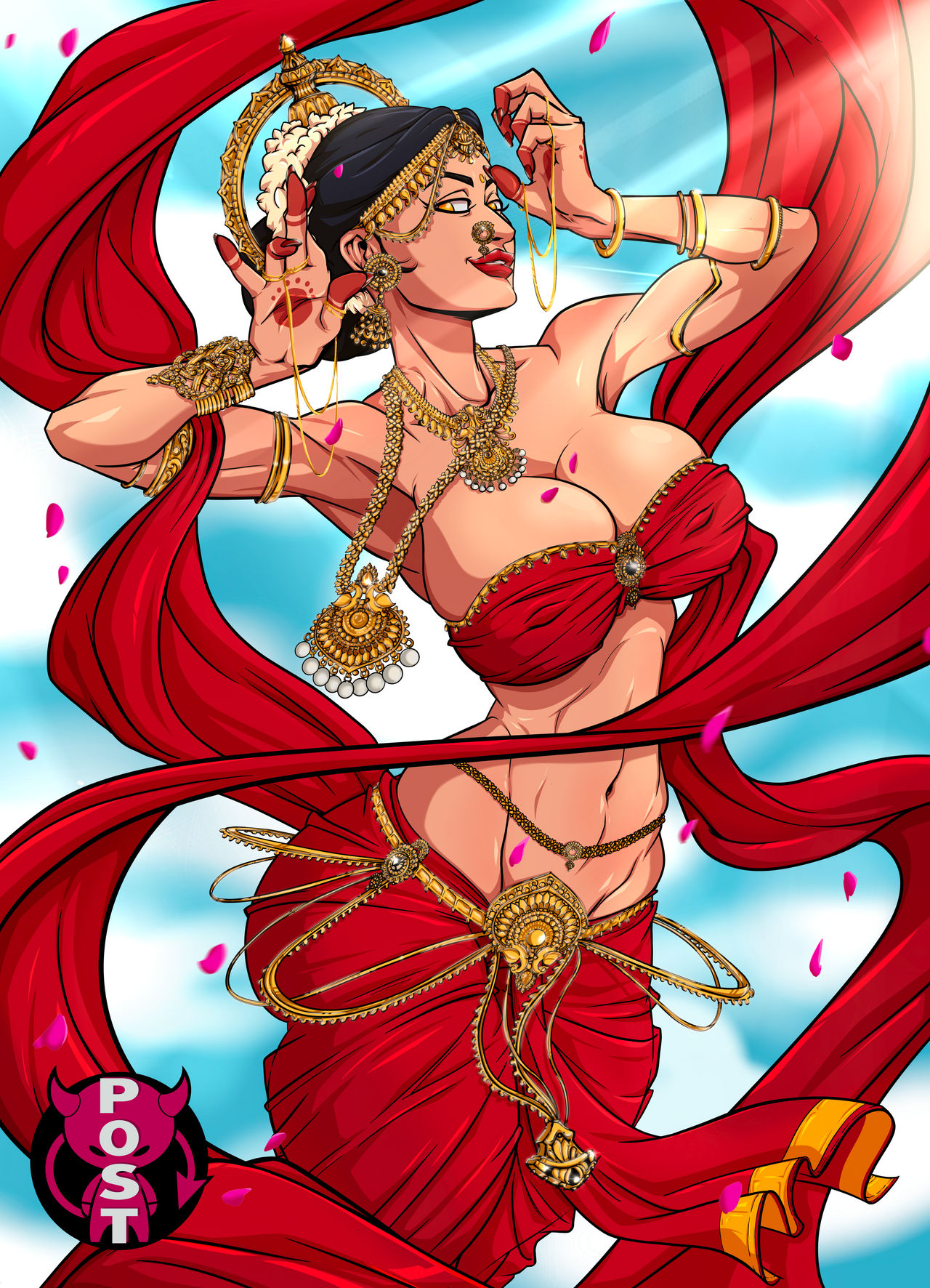 1girls, amber eyes, belly chain, belly dancer, belly dancer outfit, black hair, breasts, dancer, dancer outfit, dancing, female, female only, harem girl, harem outfit, headwear, huge breasts, indian, indian female, jewelry, light skin, light-skinned female, nose piercing, original, original character, postcosat, skirt, solo, south asian, voluptuous