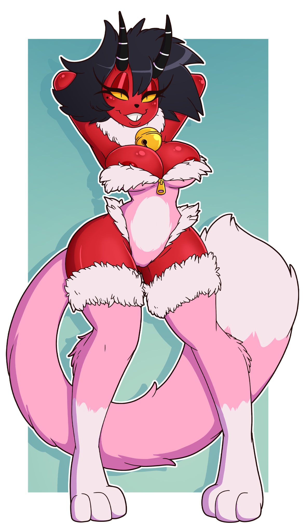 arms up, ass, breasts, cat paws, cat tail, female, helluva boss, large ass, large breasts, leotard, millie (helluva boss), nipples, smile, thick thighs, wide hips, wrenzephyr2