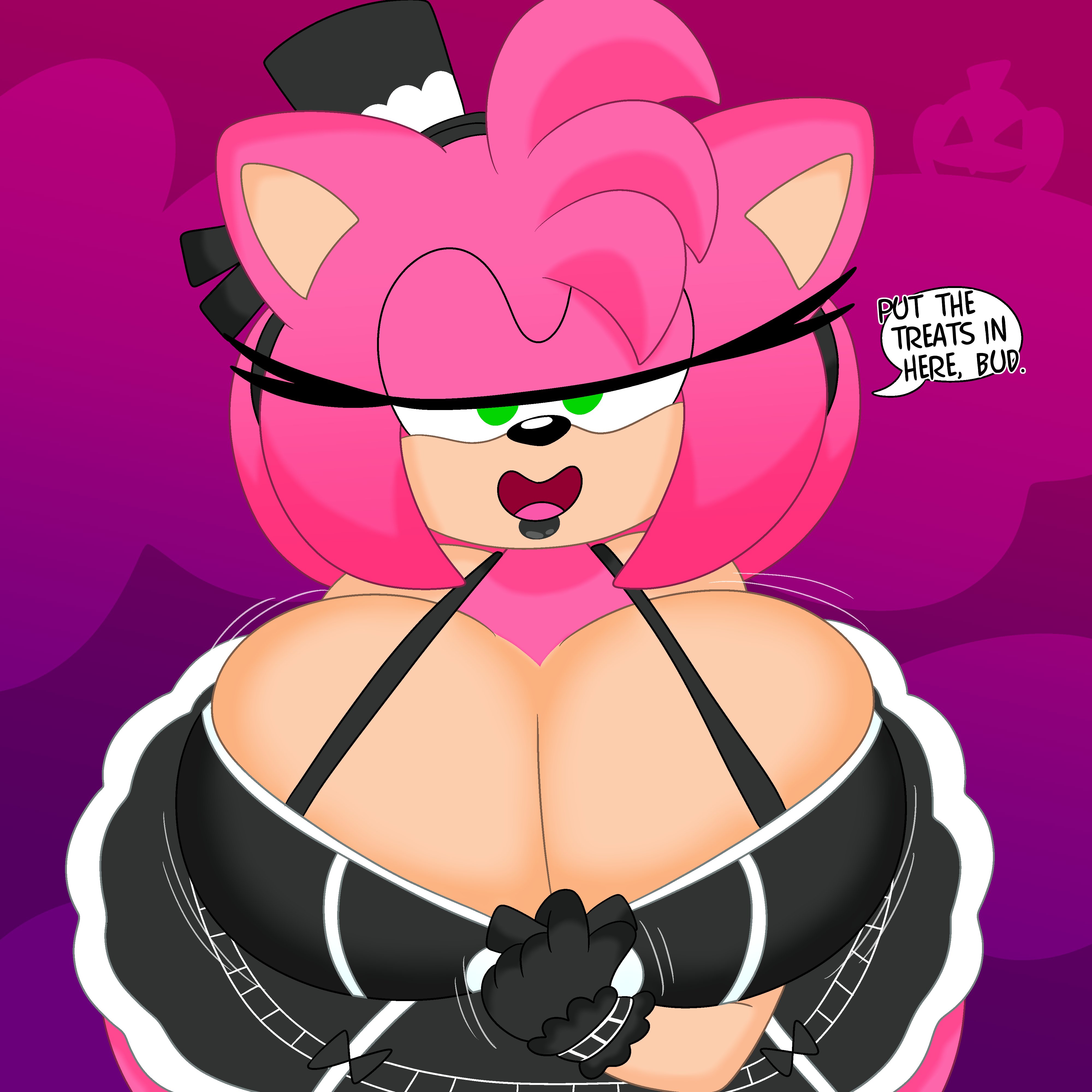 1girls, 3barts, amy rose, anthro, bedroom eyes, big breasts, black lipstick, breasts, busty, cleavage, clothing, dialogue, dress, english text, female, female only, goth, green eyes, half-closed eyes, hat, hedgehog, huge breasts, large breasts, leaning forward, lipstick, mobian (species), pink hair, sega, solo, sonic (series), sonic the hedgehog (series), talking to viewer, text