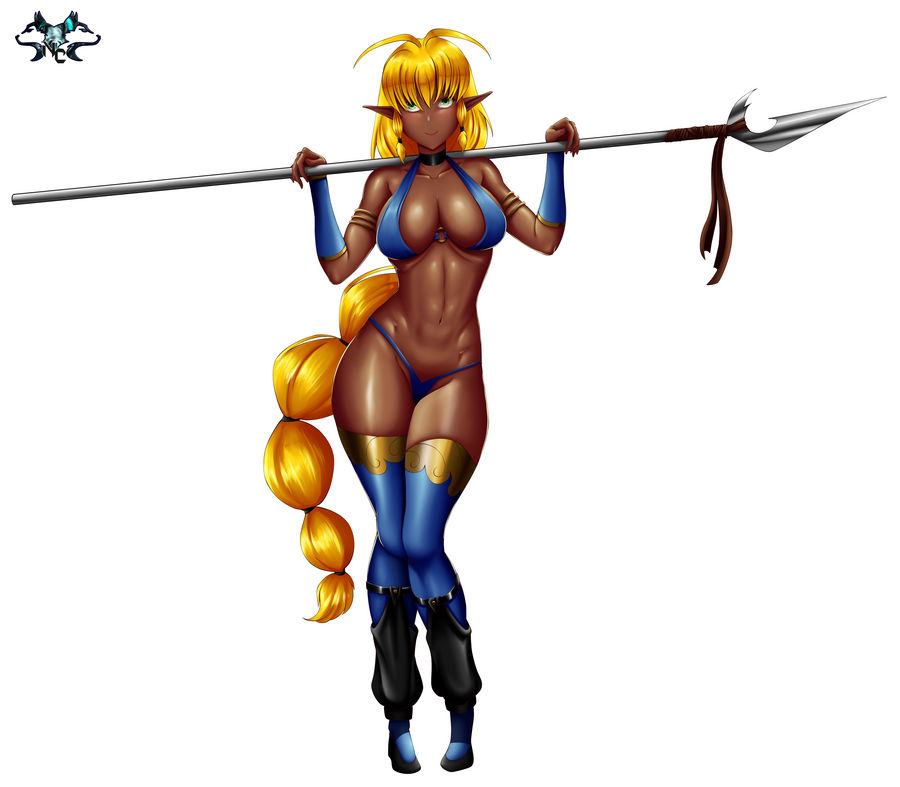 1girls blonde_hair dark-skinned_female elf elf_ears joshua37 large_breasts long_hair looking_at_viewer nasbak-cryman original original_character pointy_ears spear thighhighs