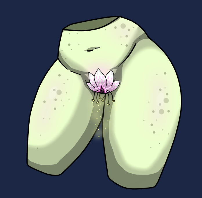 2019 aki_(squablodecomplash) anthro belly elemental_creature elemental_humanoid female flora_fauna floran flower_pussy freckles genitals green_body humanoid navel pink_body plant plant_humanoid pussy solo spores squablodecomplash starbound thick_thighs unusual_anatomy unusual_genitalia unusual_pussy video_games