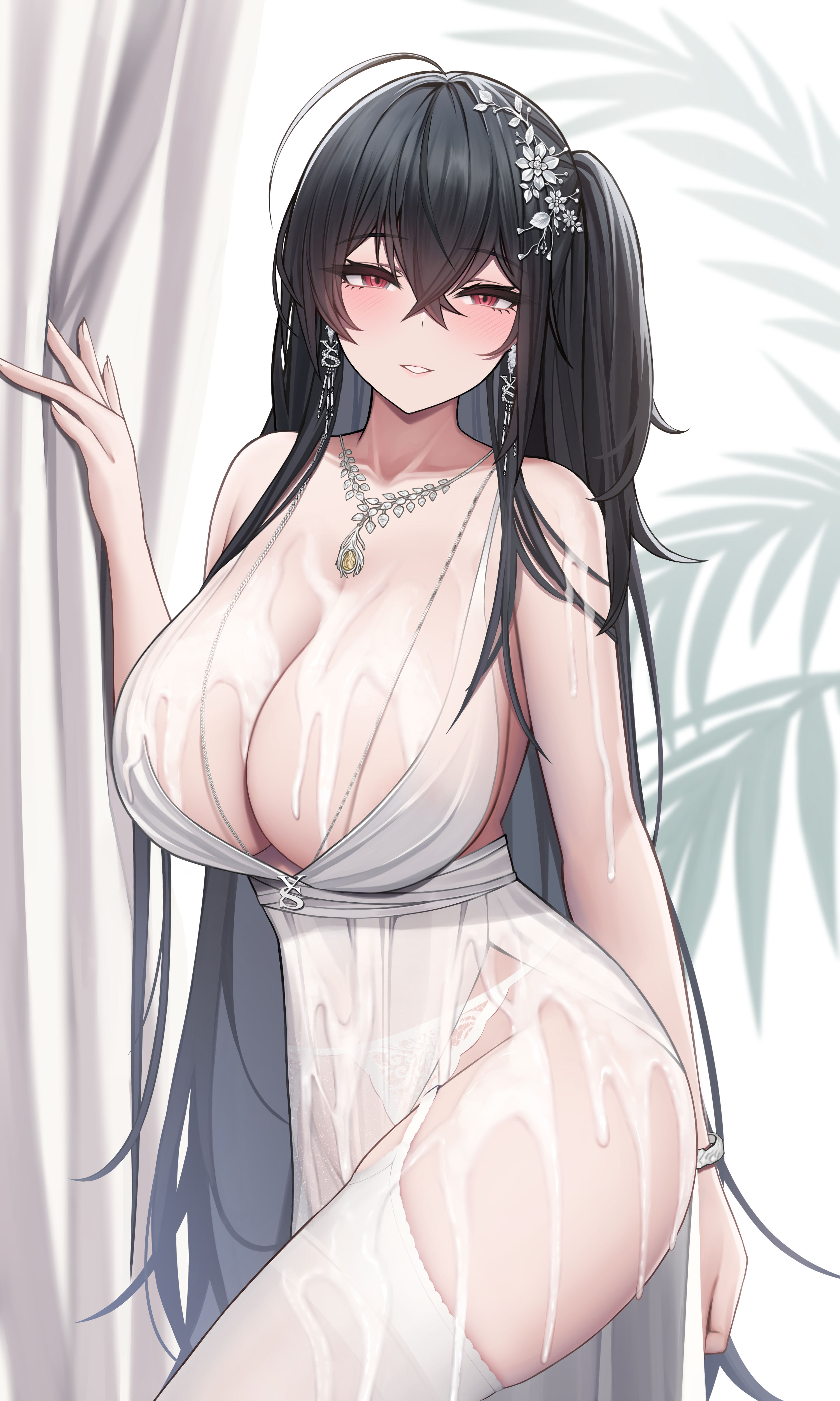 1girls, ahoge, azur lane, black hair, blush, breasts, bukkake, cleavage dress, cum, cum on body, dress, ear piercing, elegant dress, female, hair ornament, hips, huge breasts, jewelry, light skin, light-skinned female, long hair, naughty face, necklace, red eyes, side ponytail, side slit, siu (siu0207), slim waist, smile, taihou (azur lane), taihou (temptation on the sea breeze) (azur lane), thick thighs, thighhighs, thighs, wedding dress, white dress, wide hips
