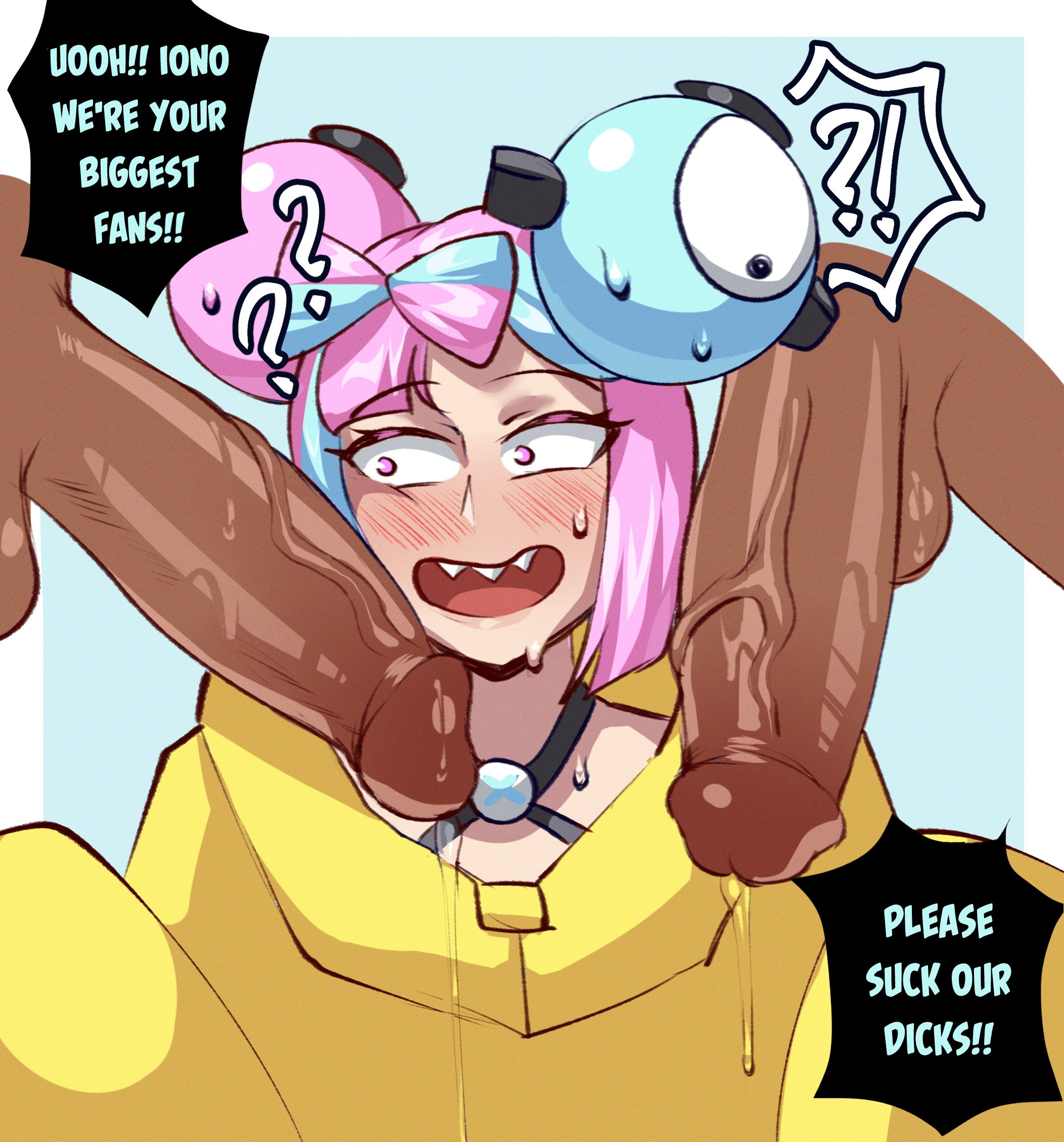 ?!, ??, 1girls, 2boys, balls, bangs, blue hair, blush, blushing, bodily fluids, bow-shaped hair, clothed female, clothed female nude male, clothing, confused, confused look, dark skin, dark-skinned male, dialogue, disembodied penis, dripping, dripping precum, english text, eyebrows, eyelashes, female, game freak, gym leader, hair ornament, hi res, huge cock, human, human only, interracial, iono (pokemon), leaking precum, light skin, light-skinned female, lips, looking at penis, looking to the side, magnemite, magnemite hair clips, male, multicolored hair, multiple boys, multiple males, multiple penises, nervous, nervous smile, nervous sweat, nintendo, nude, nude male, open mouth, penis, penis awe, penis on cheek, penis on face, penis on shoulder, pink hair, pointy ears, pokemon, pokemon sv, precum, precum drip, purple eyes, raised eyebrows, sentient hair ornament, sexual harassment, sharp teeth, shocked, shocked expression, sidelocks, sleeves past wrists, surprised, surprised expression, sweat, sweatdrop, sweaty body, sweaty penis, teeth, testicles, text, two-tone hair, veins, veiny penis, wingedwasabi