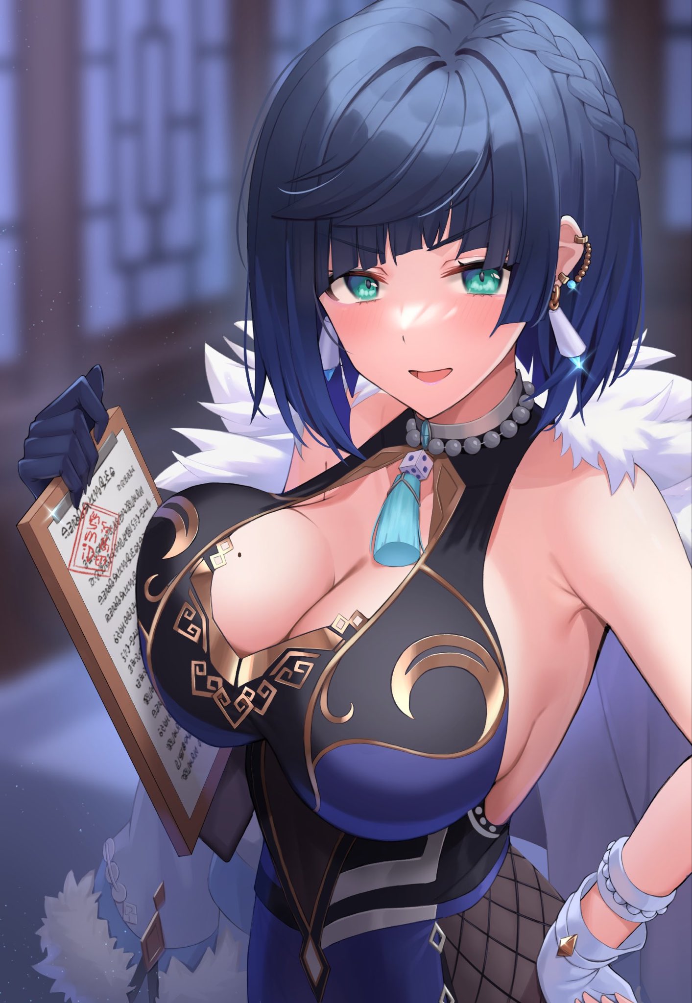 breasts, female, female only, genshin impact, looking at viewer, mutenka art, open mouth, solo, tagme, yelan (genshin impact)
